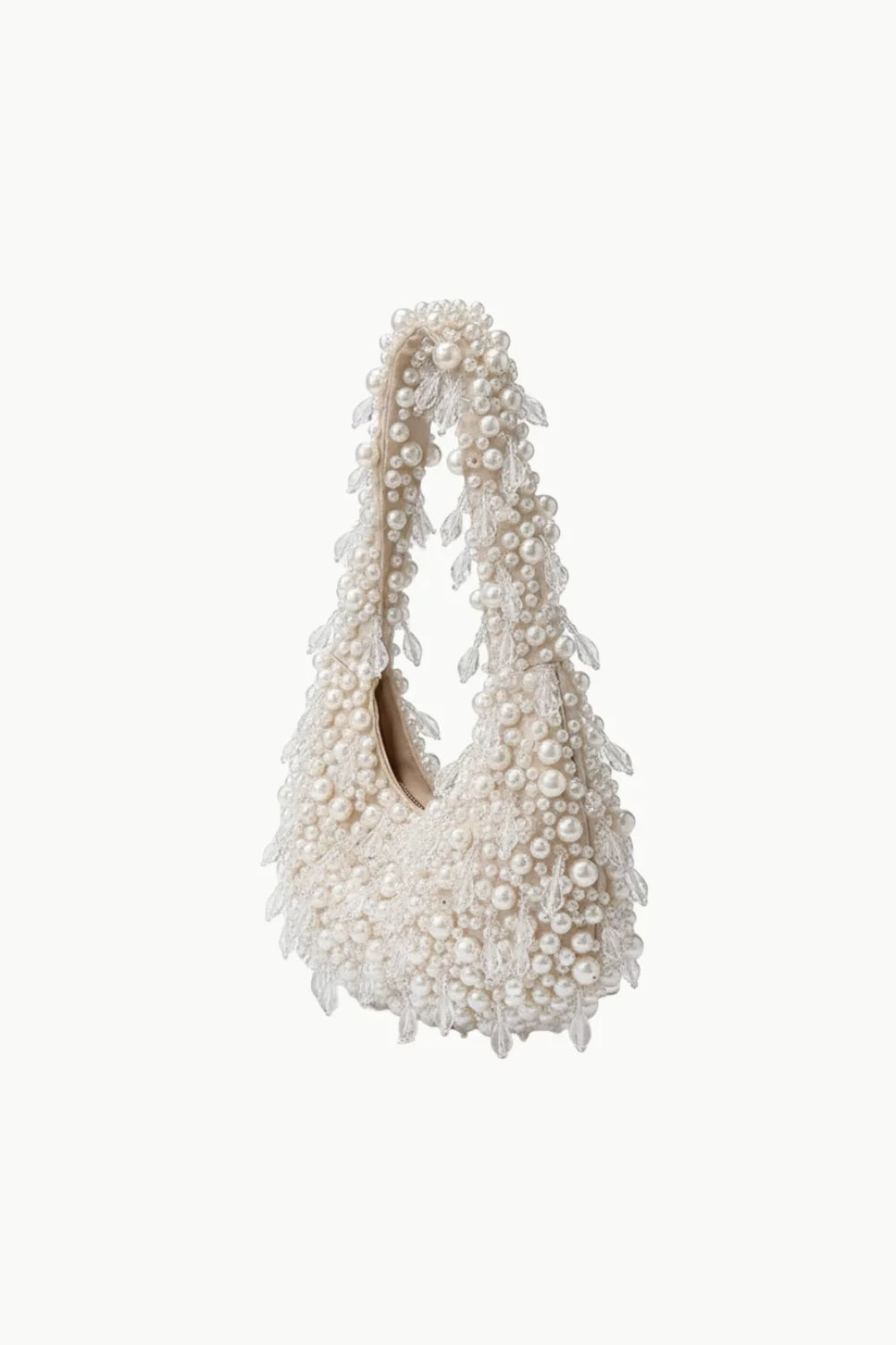 White handbag with pearl bag charm and clear beads for elegant accessory style
