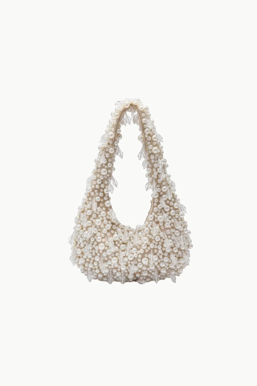 White pearl bag charm with beaded design and clear pointed embellishments