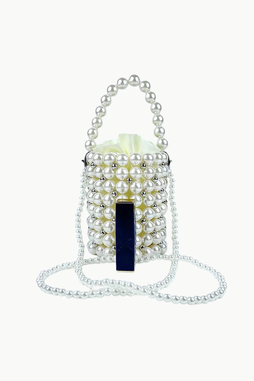 Pearl Bead Bucket Bag with cylindrical design, drawstring top, and long shoulder strap