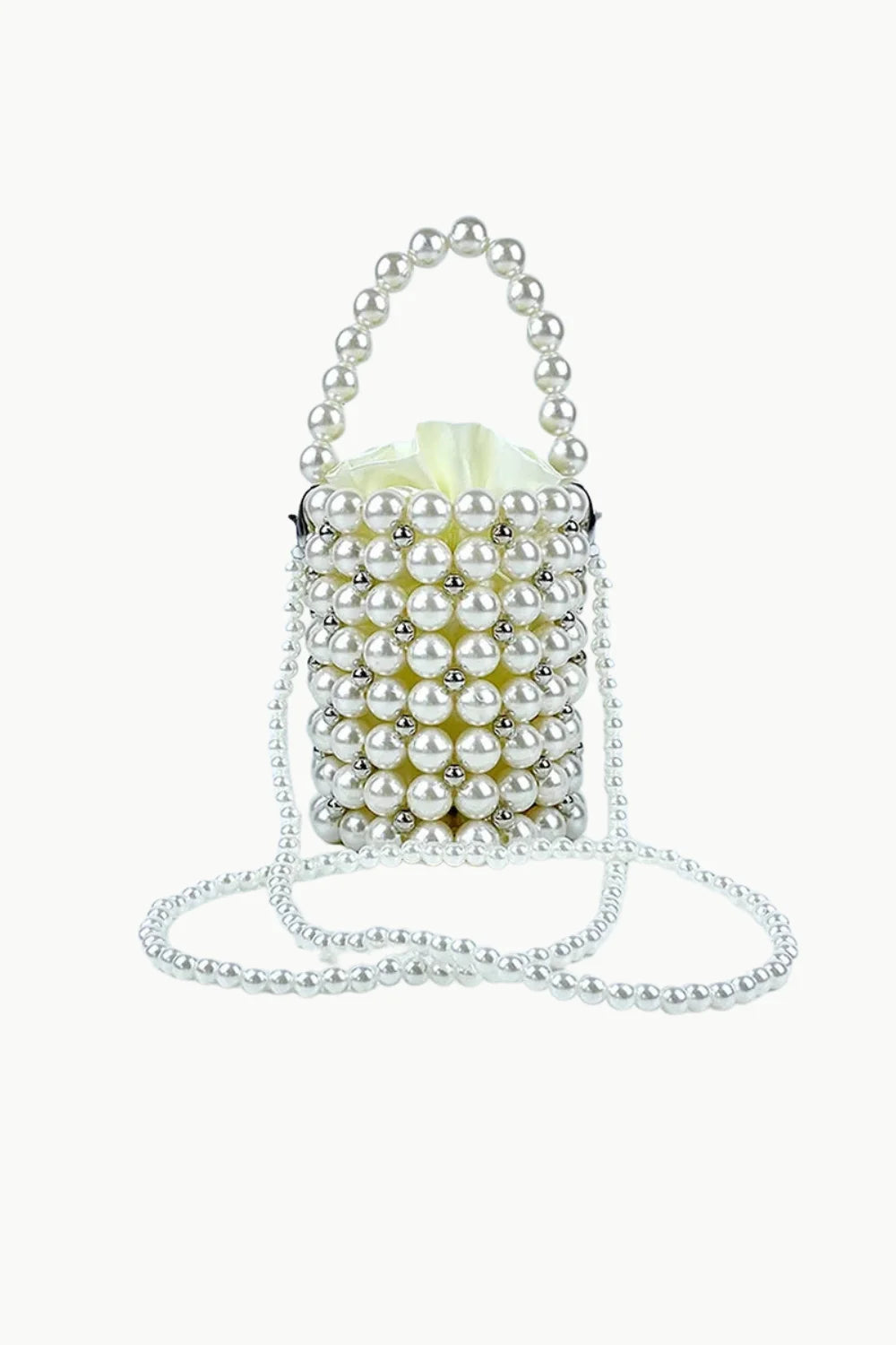 Pearl Bead Bucket Bag with lustrous white faux pearls, pearl top handle, and detachable strap