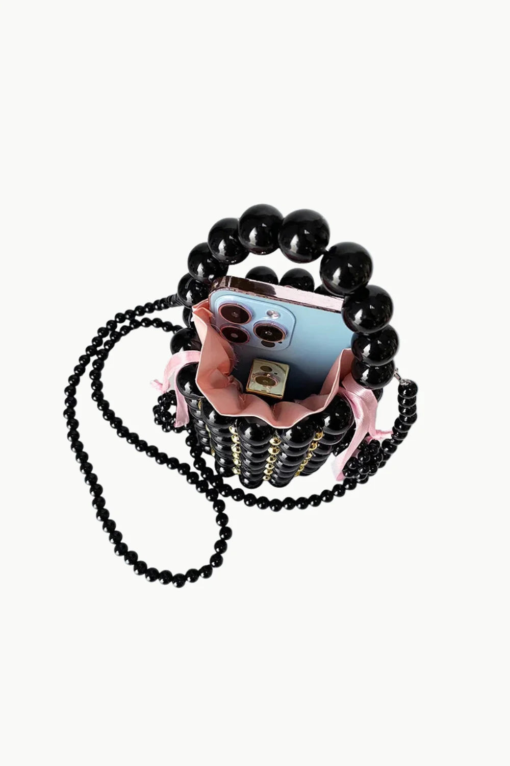 Pearl Bead Mini Bucket Bag with smartphone and light pink lining showcasing a stylish bead mini bucket design