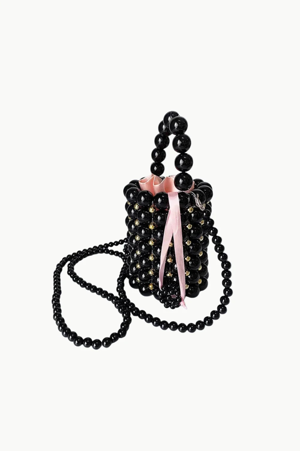 Black beaded cylindrical bucket bag with pink satin drawstring and long strap