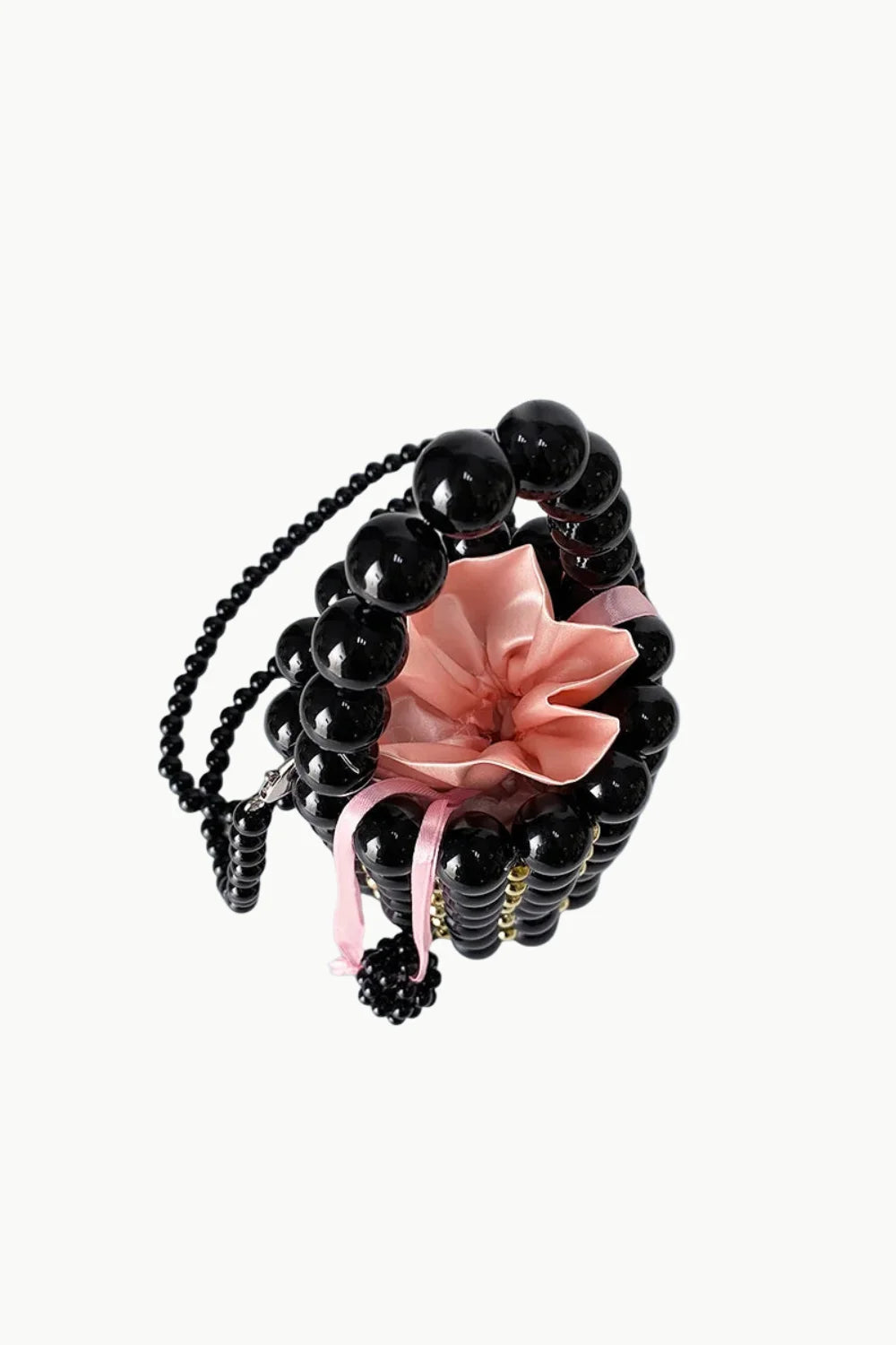 Black pearl bead mini bucket bag with pink satin drawstring and ribbon charm