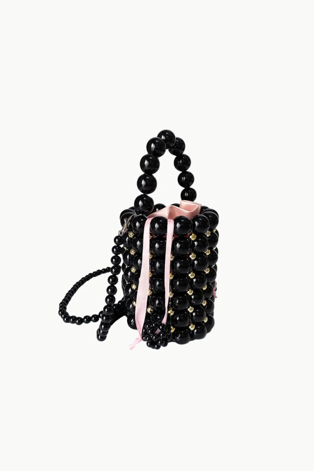 Black beaded bucket bag with pink drawstring and beaded strap for Pearl Bead Mini Bucket Bag