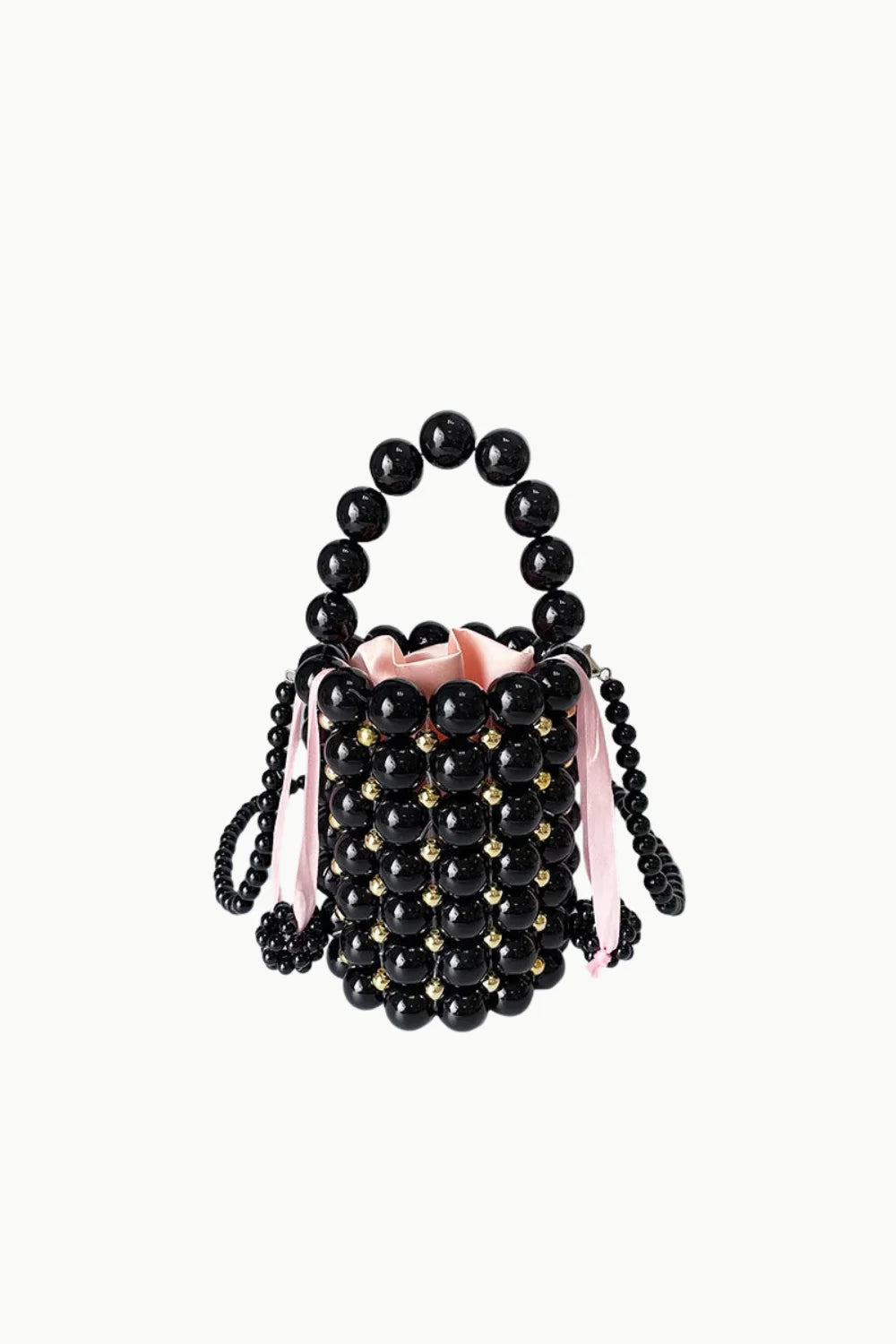 Black beaded bucket bag with pink drawstring lining, Pearl Bead Mini Bucket Bag