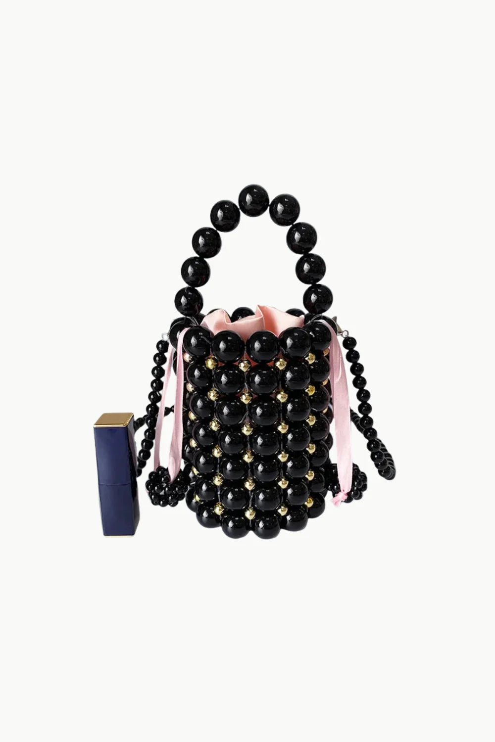 Black pearl bead mini bucket bag with pink satin lining and dark blue lipstick tube