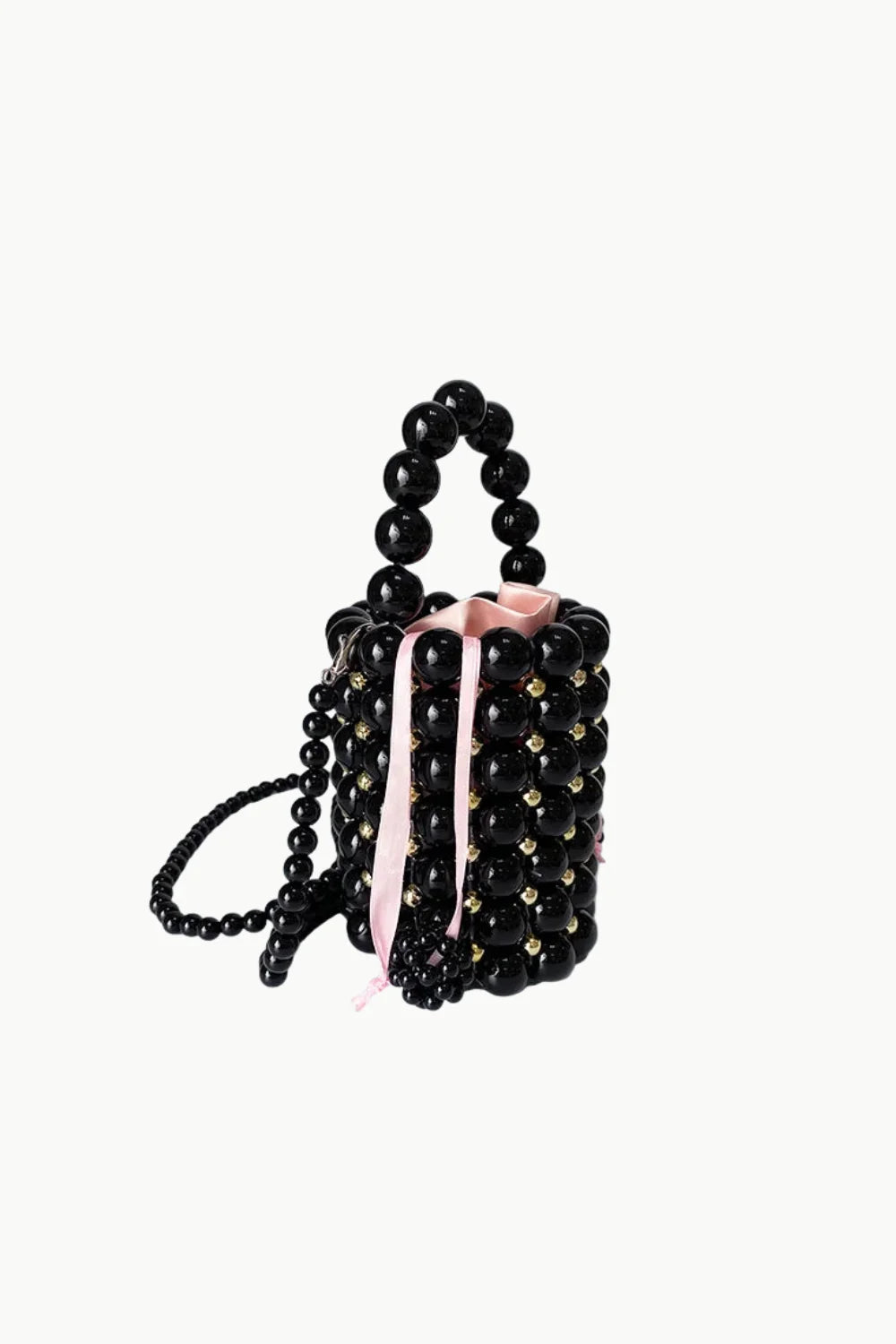 Black beaded bucket bag with pink drawstring closure for Pearl Bead Mini Bucket Bag