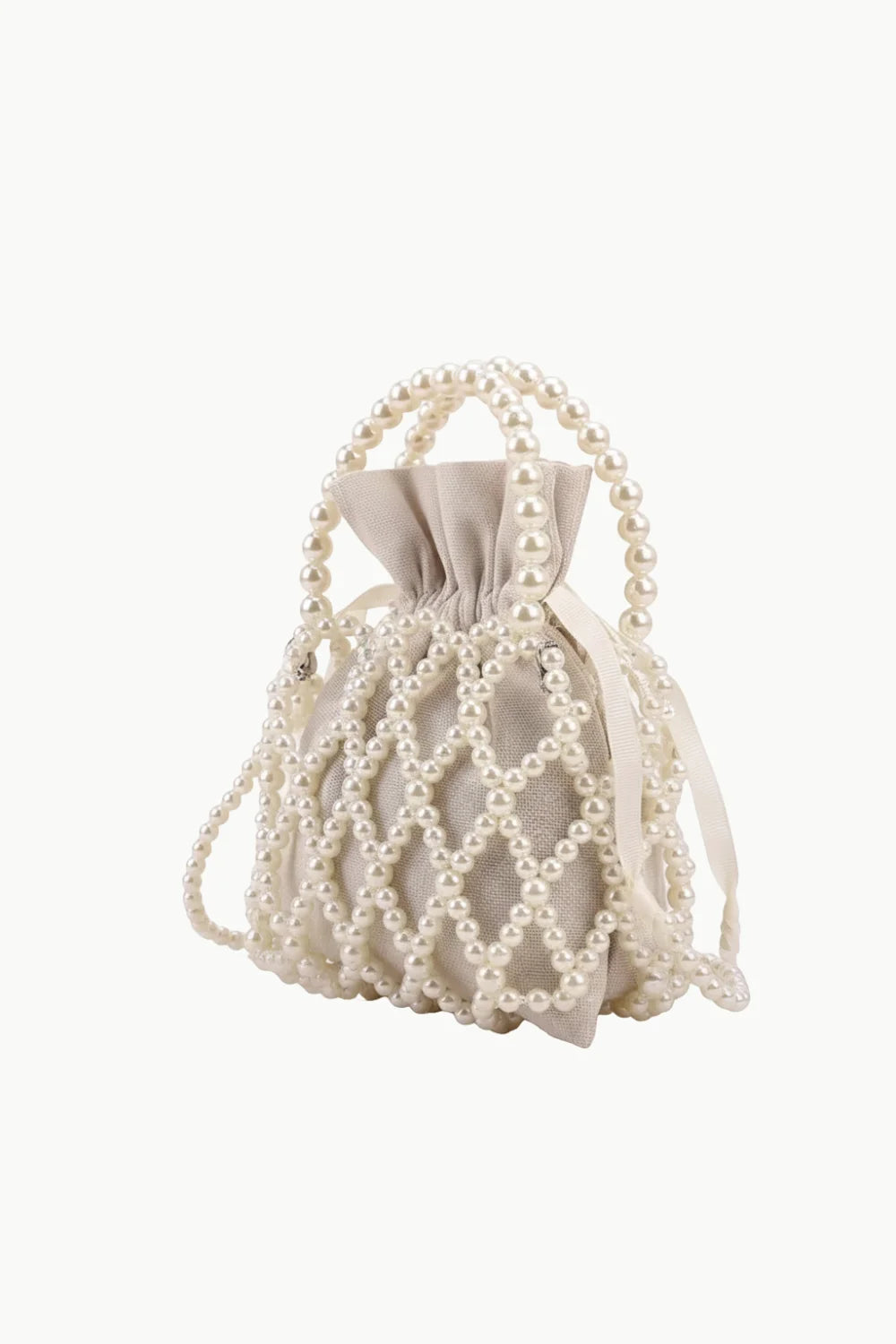 Beaded bucket bag with pearl net and top handle, stylish pearl beaded shoulder bag