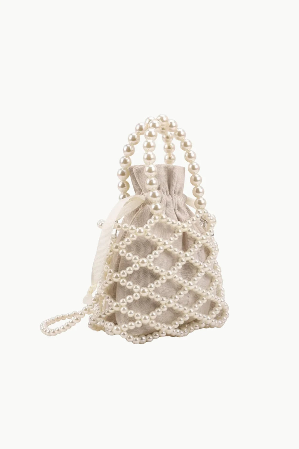 Pearl Beaded Bucket Bag with drawstring closure, stylish beaded bucket bag accessory
