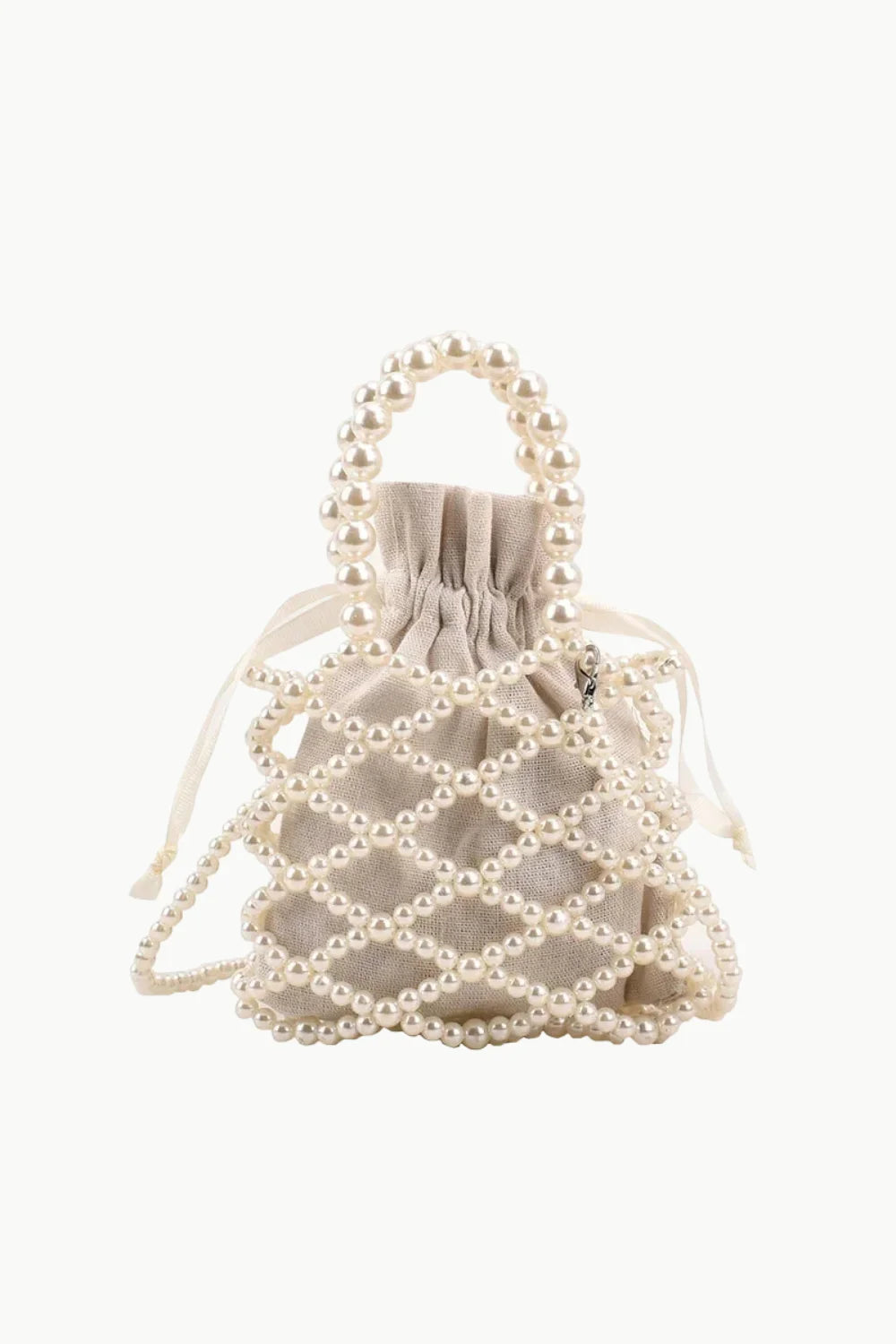 Pearl Beaded Bucket Bag with drawstring and top handle, stylish beaded bucket bag