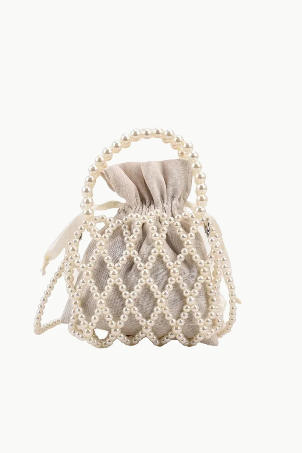 Pearl Beaded Bucket Bag with drawstring and top handle, stylish beaded bucket bag