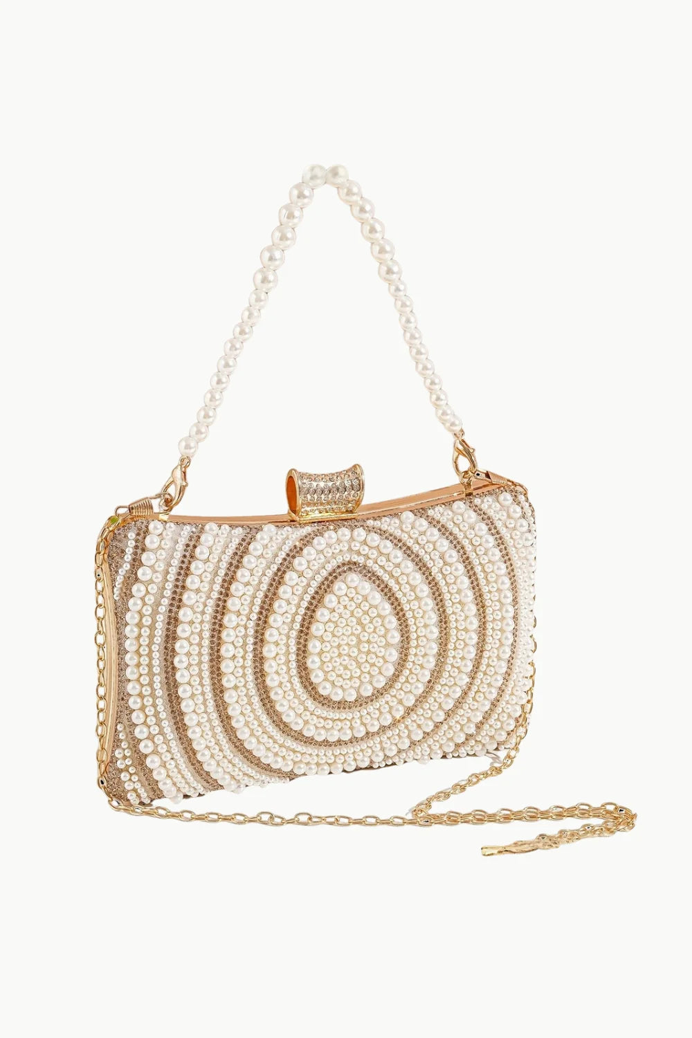 Cream-colored pearl beaded clutch bag with crystal accents, pearl handle, and gold chain strap