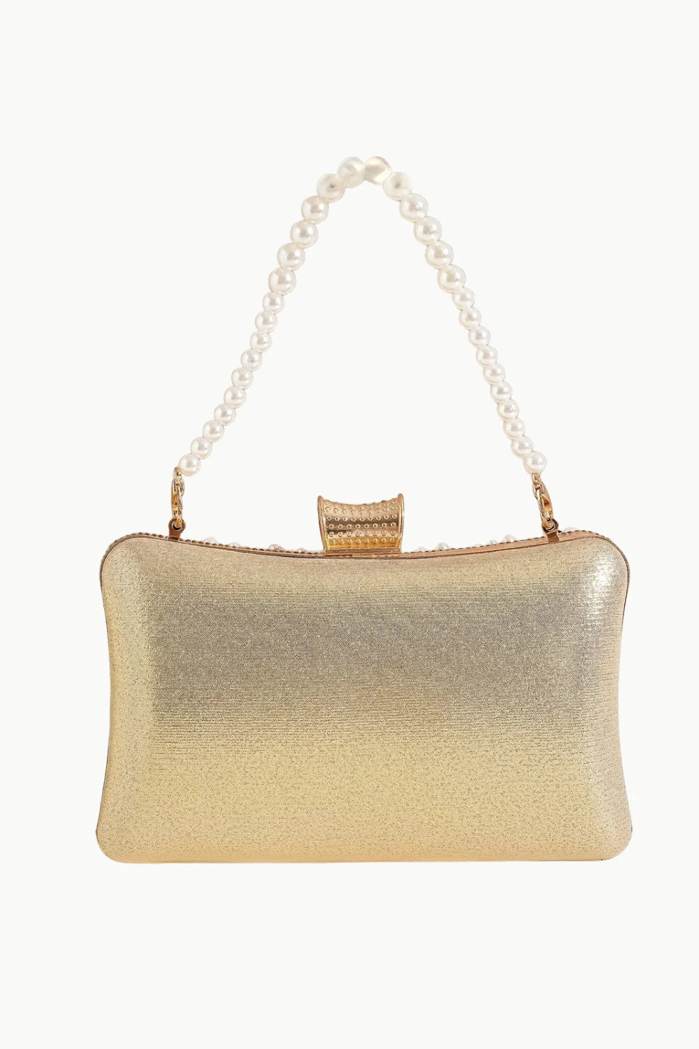 Gold rectangular pearl beaded clutch bag with a pearl handle for elegant evening wear
