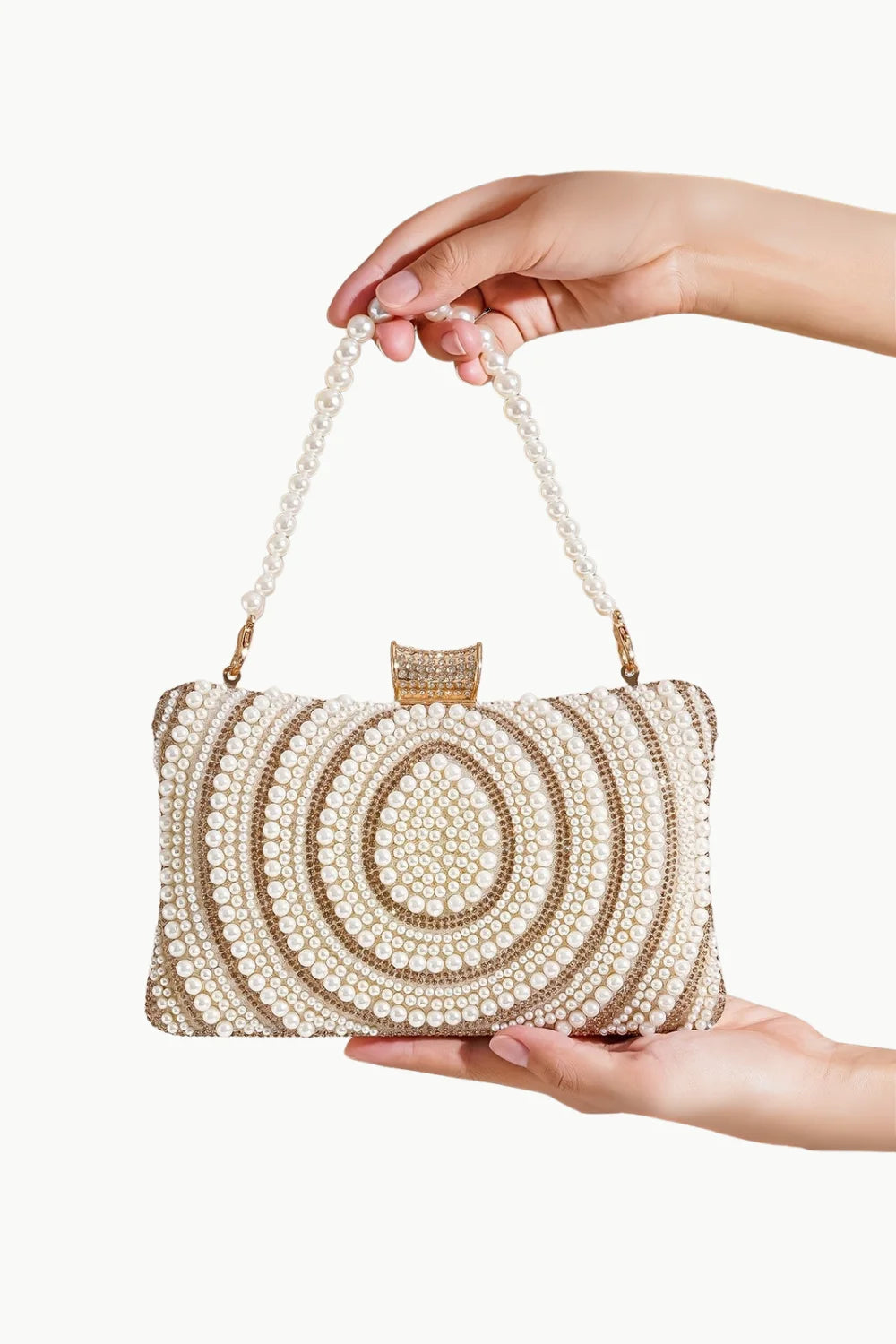 Pearl Beaded Clutch with gold-tone clasp and pearl strap, elegant beaded clutch accessory