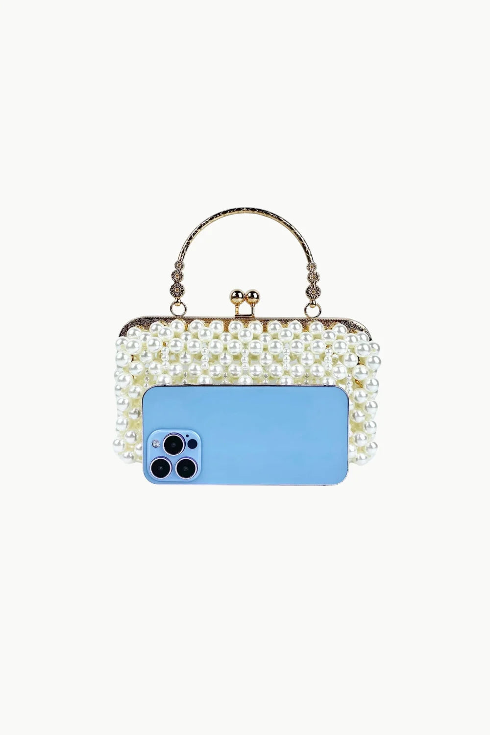 Pearl Bridal Bag with pearl beads, gold frame, top handle, and secure clasp closure