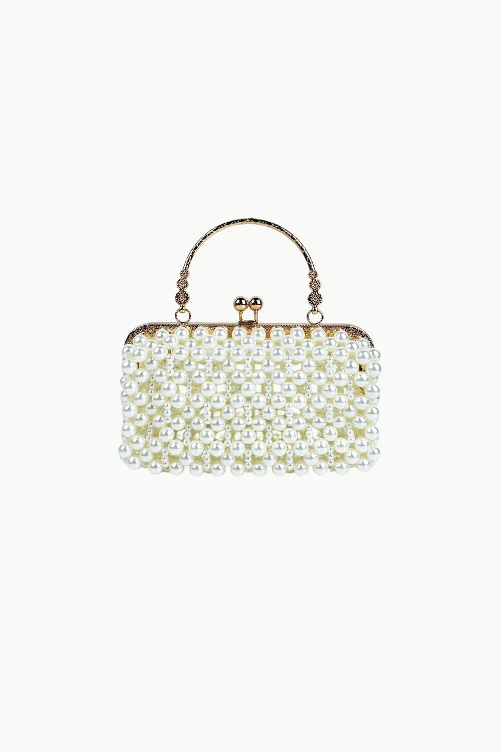 Pearl Bridal Bag with white pearl-covered clutch, gold frame, and beaded top handle