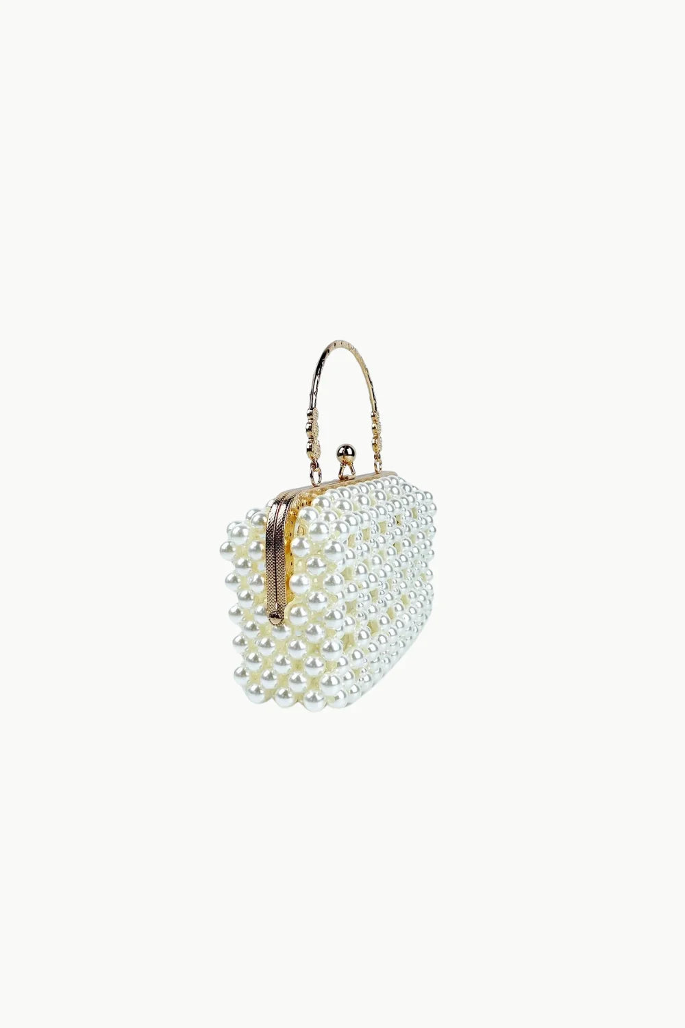 White pearl bridal bag with gold-toned top handle, perfect for bridal occasions