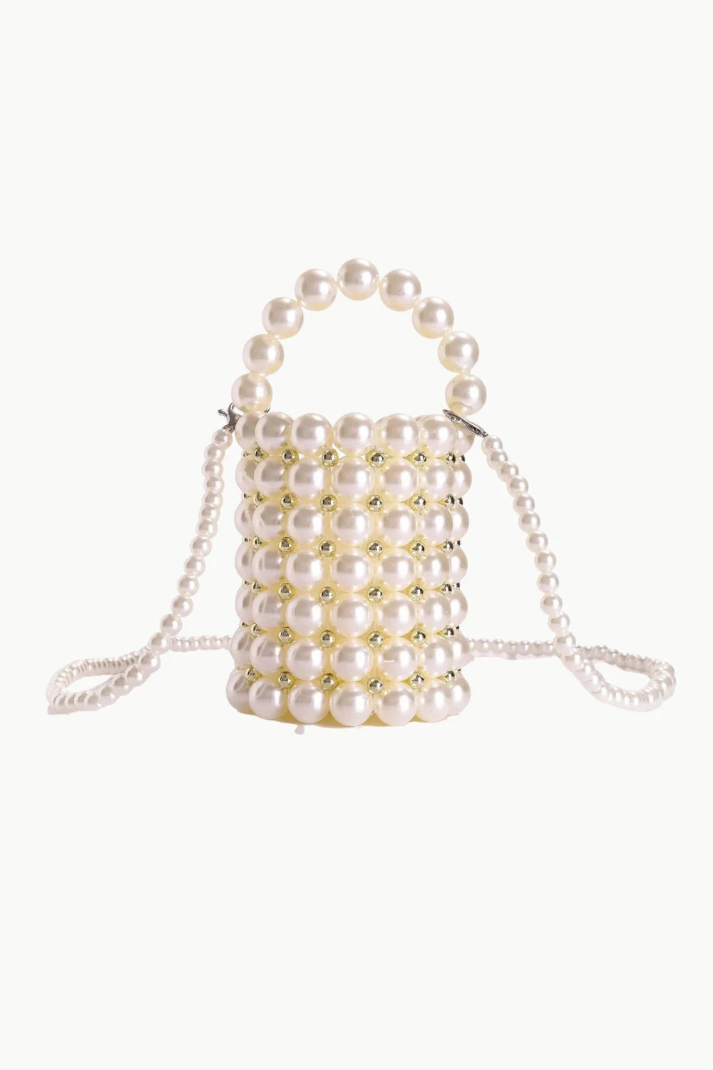 Pearl bucket bag with top handle and shoulder strap, stylish pearl bucket accessory