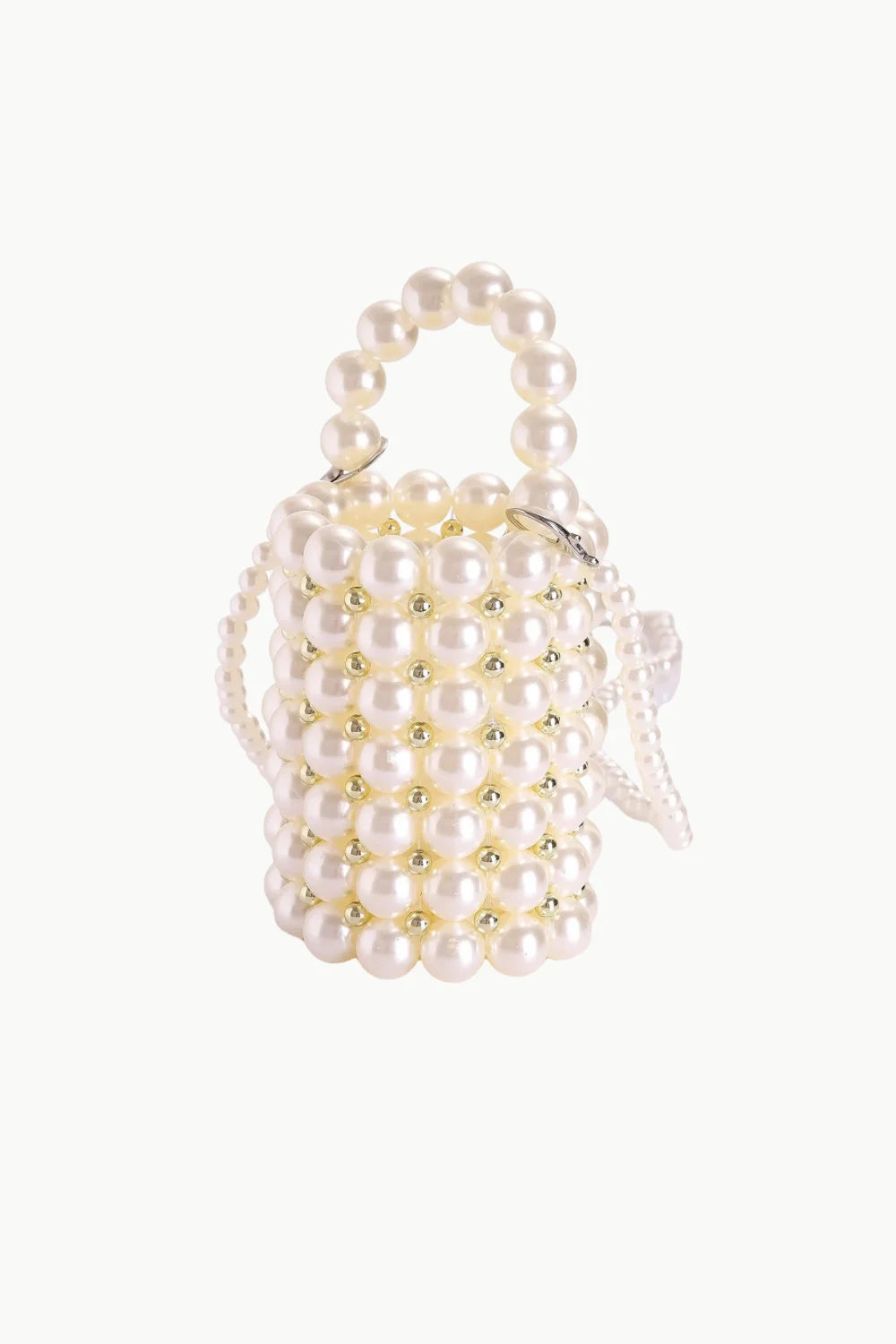 White faux pearl bucket bag with top handle and drawstring closure for stylish pearl bucket