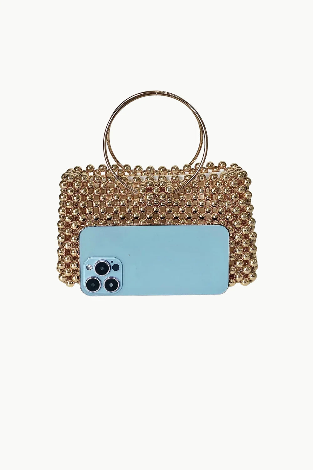 Pearl Cage Bag with beaded design and round gold handles for elegant style