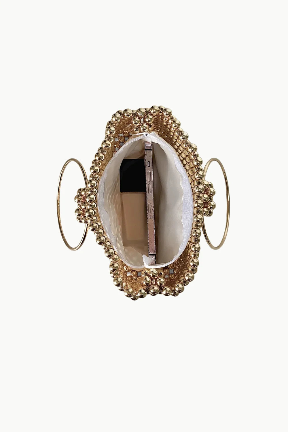 Gold beaded Pearl Cage Bag with round metal handles and white lining for elegant style