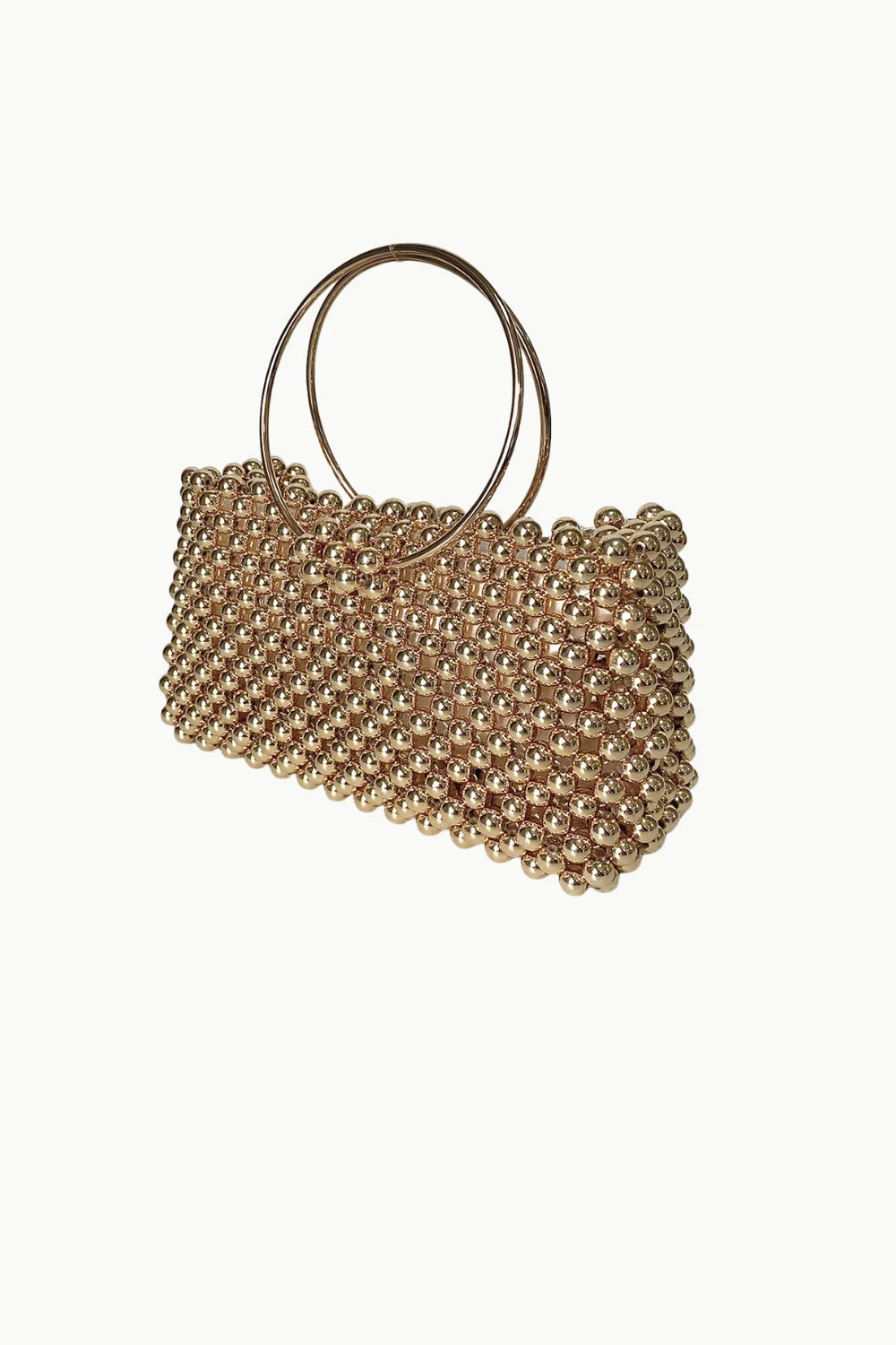 Gold-beaded Pearl Cage Bag with circular metal handles, stylish cage bag accessory