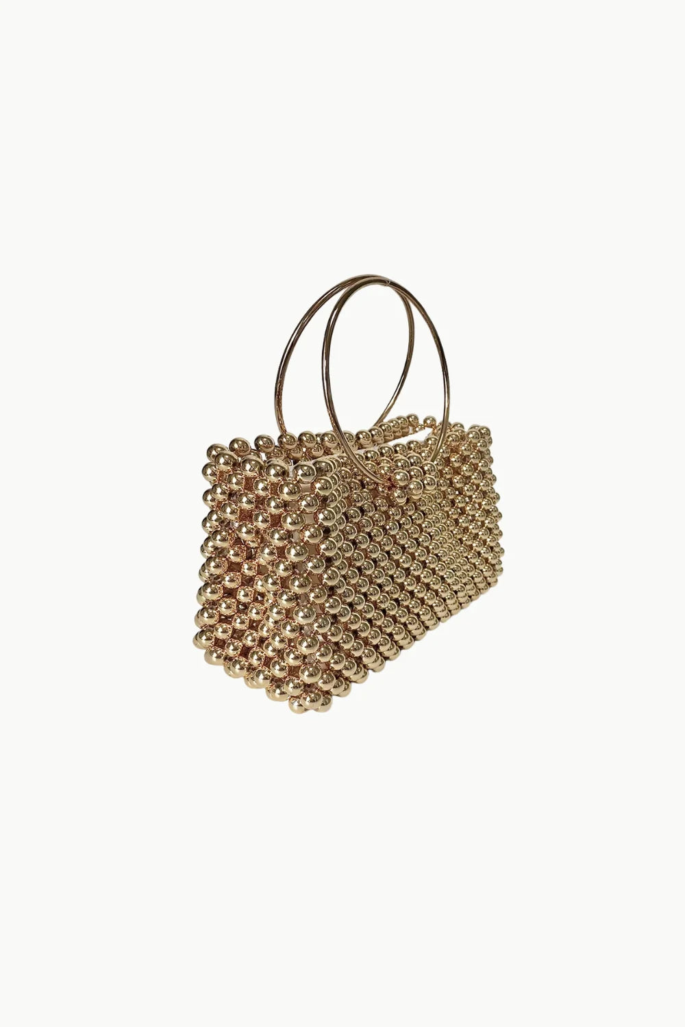 Gold-colored beaded Pearl Cage Bag with two ring handles, stylish cage bag accessory