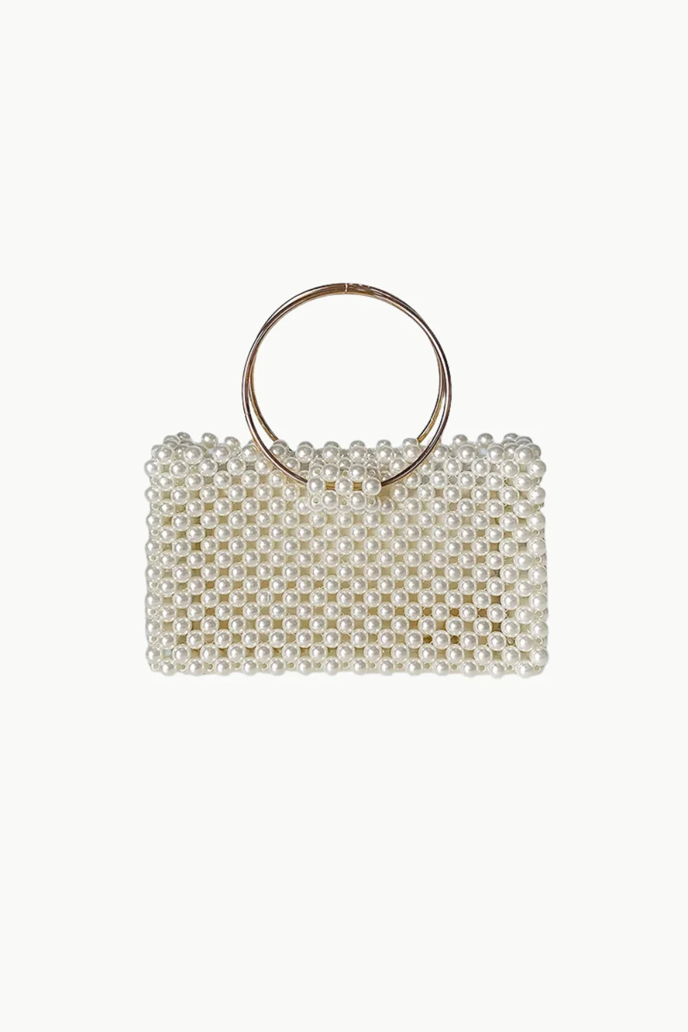 Pearl Cage Bag with white pearl exterior and circular gold-tone top handle