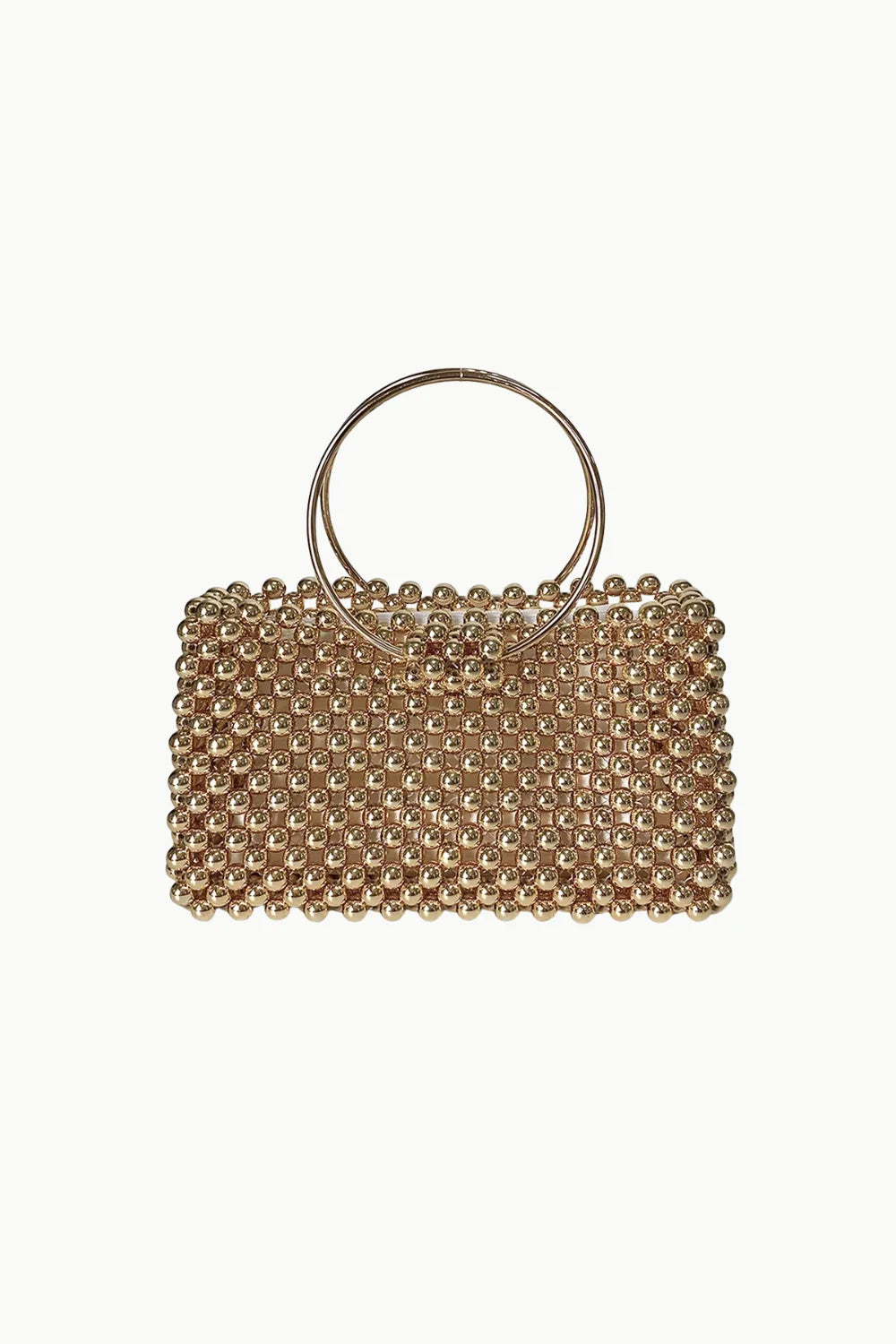 Gold-toned Pearl Cage Bag with beaded design and circular metal top handles