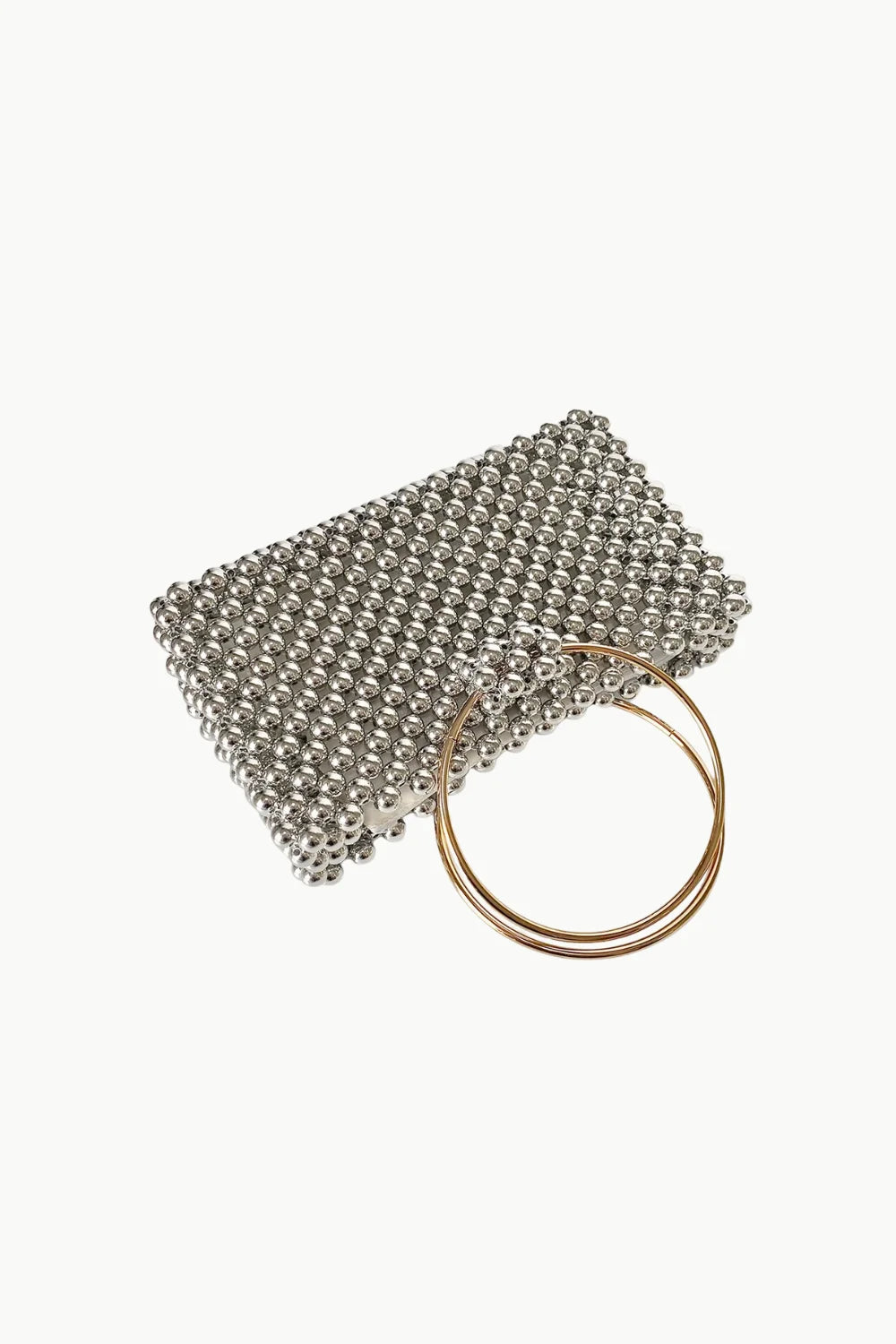 Pearl Cage Bag with silver beads and gold hoop handles for stylish elegance