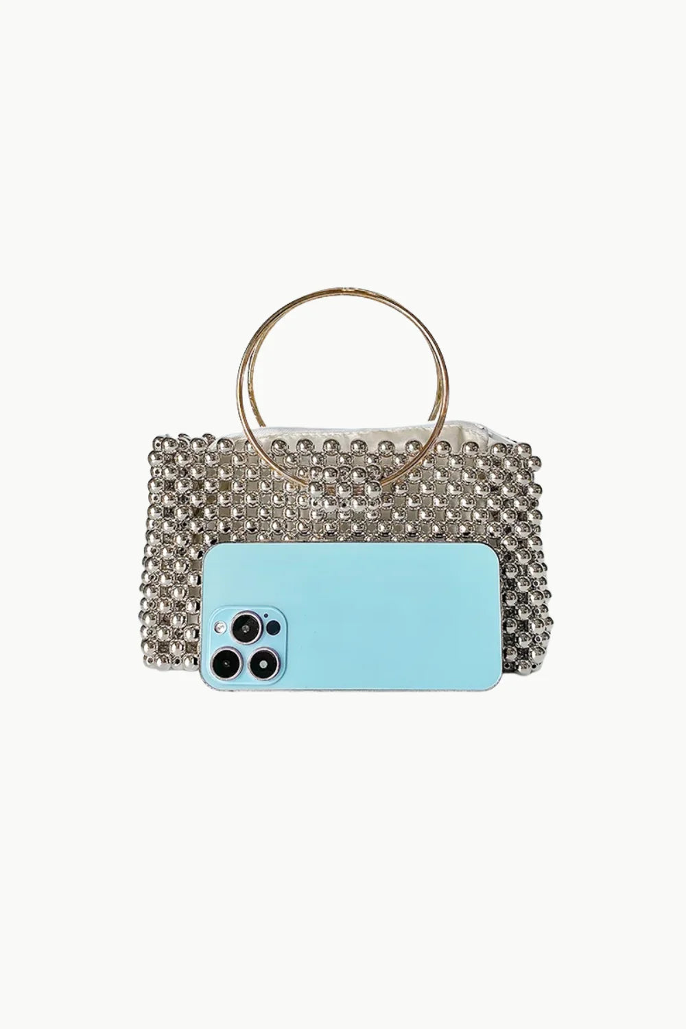 Silver pearl cage bag with beaded design and round gold handle for elegant style