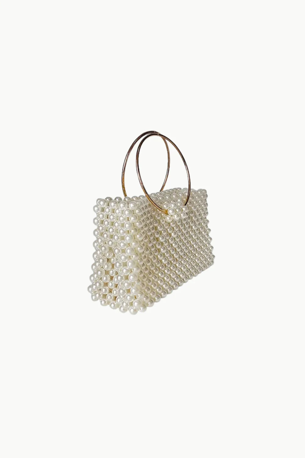 White faux pearl cage bag with gold-tone ring handles, stylish pearl cage bag accessory