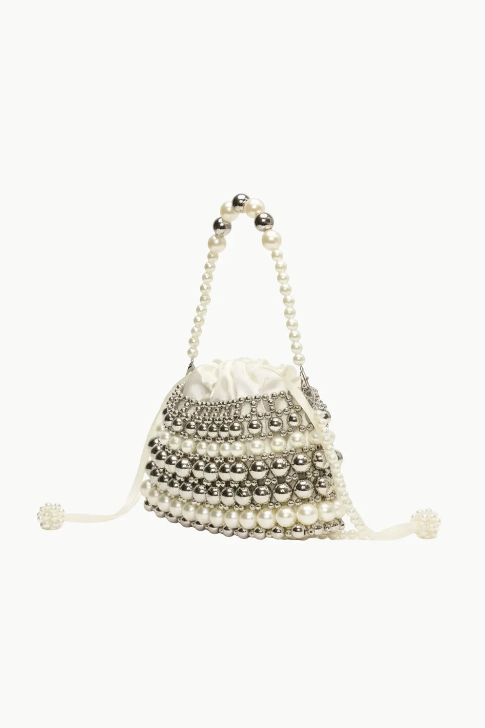 White pearl clutch bag with silver beads faux pearls pearl-beaded handle and tassels