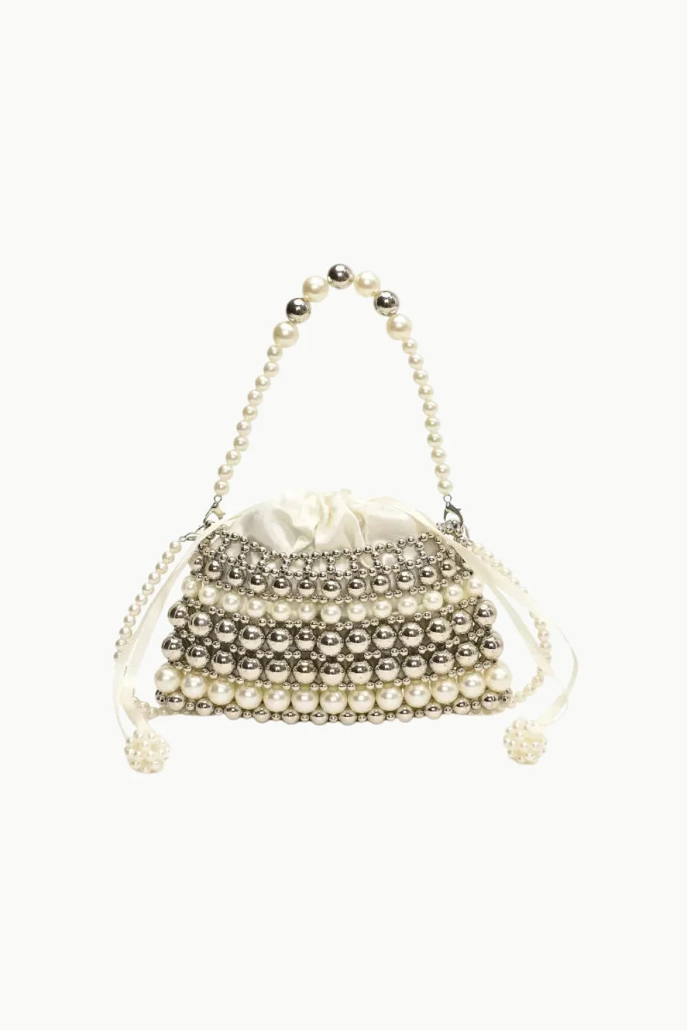 White and silver beaded pearl clutch bag with pearl strap for wedding occasions