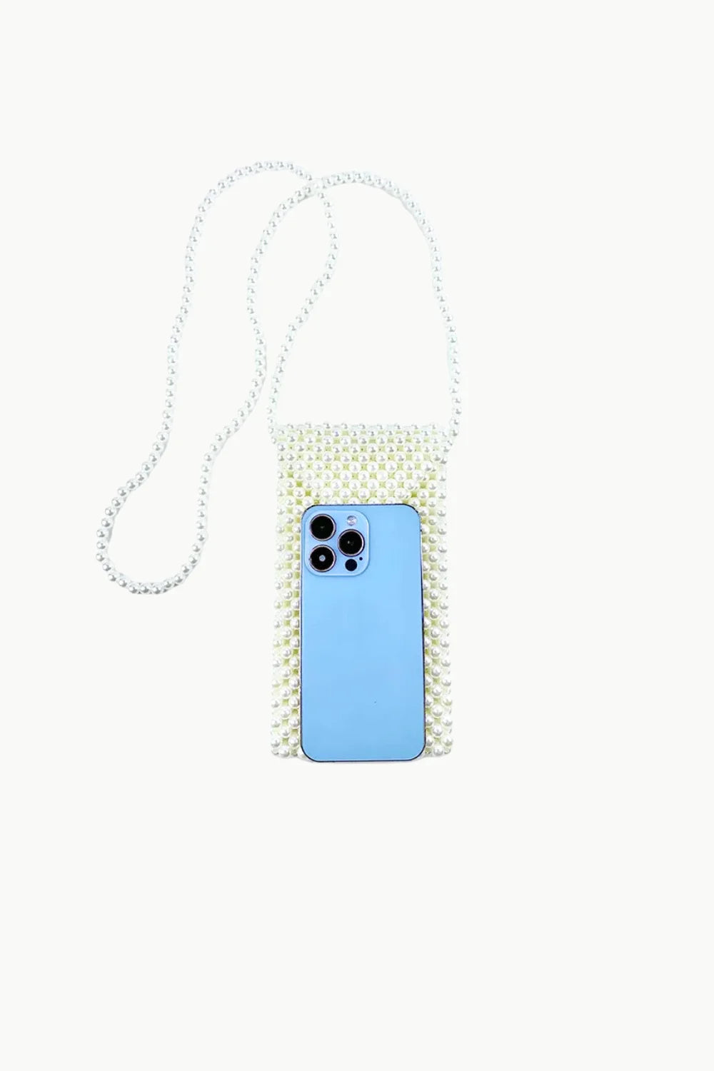 Light blue smartphone in pearl beaded crossbody bag with long pearl strap
