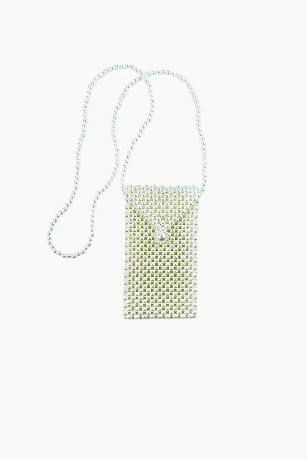 Light green pearl beaded crossbody bag with silver chain strap and pearl button closure