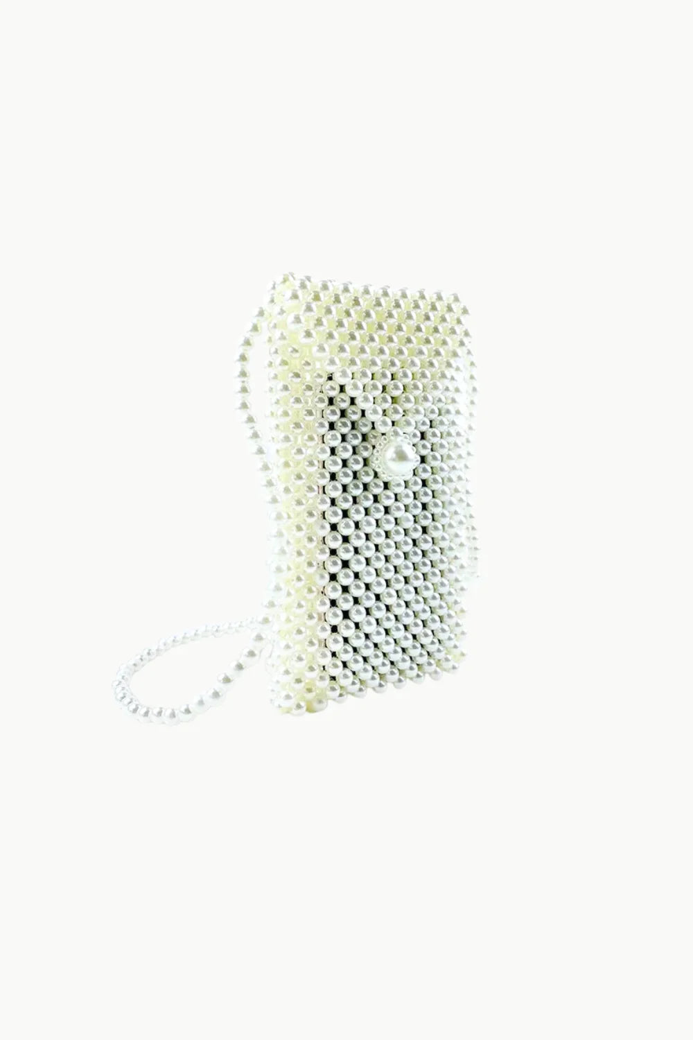 White pearl beaded crossbody bag with pearl button closure and strap for elegant style