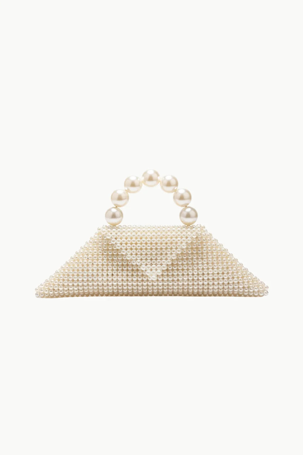 White pearl beaded clutch bag with arched pearl handle, perfect for a pearl designer bag