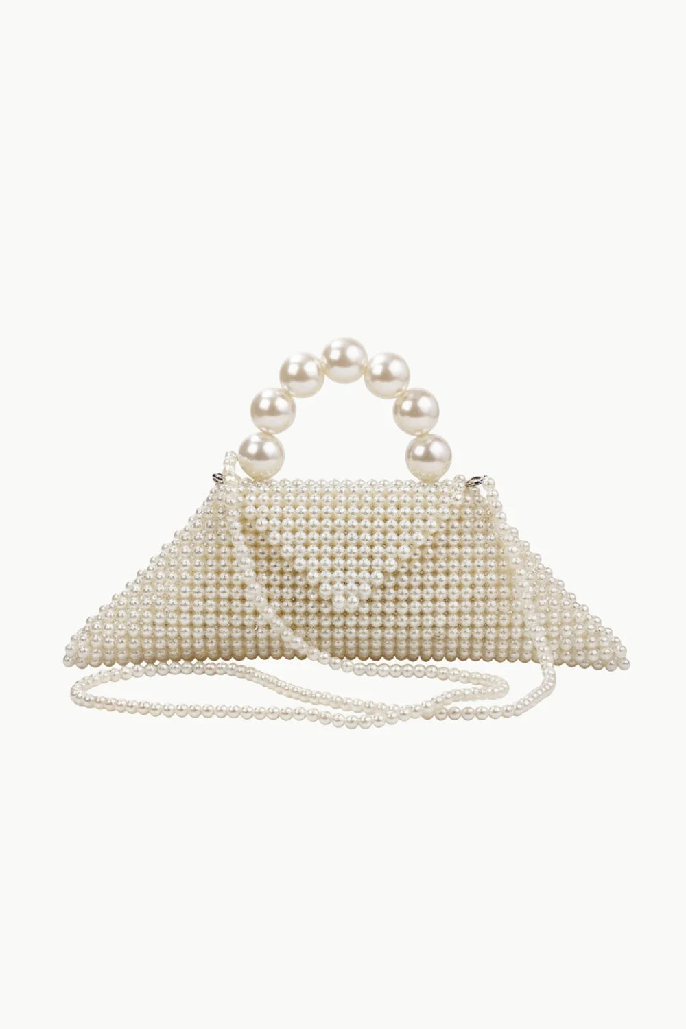 White faux pearl triangular clutch bag with pearl top handle and shoulder strap for Pearl Designer Bag