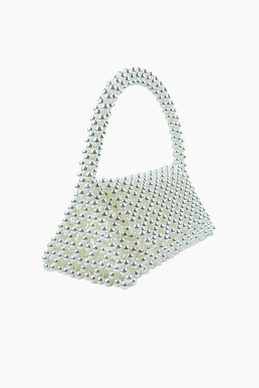 White beaded Pearl Evening Bag with curved top handle, perfect for elegant evening wear