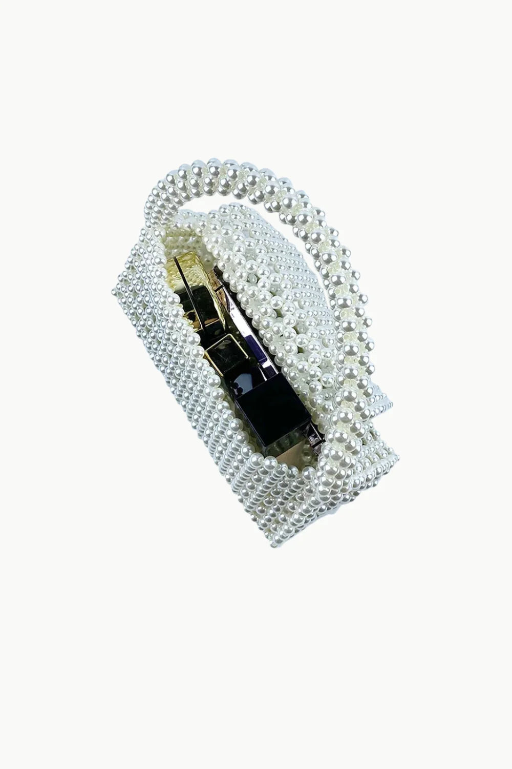 White beaded Pearl Evening Bag with dark lipstick inside for elegant evening style