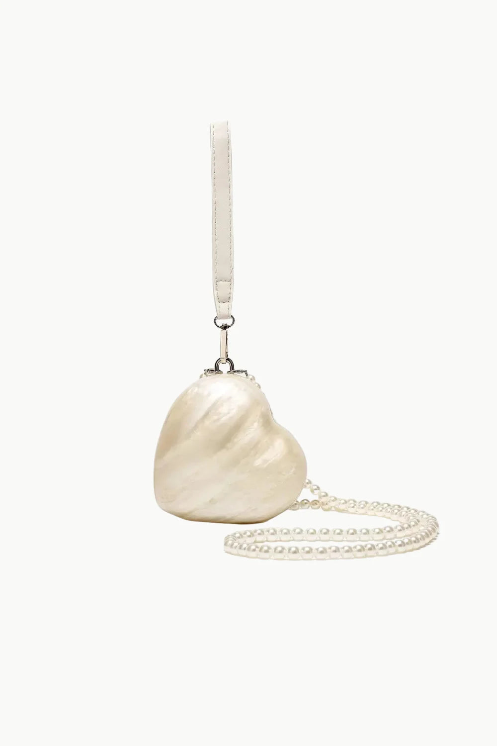 Heart-shaped pearl mini bag with wrist and detachable shoulder straps for elegant style