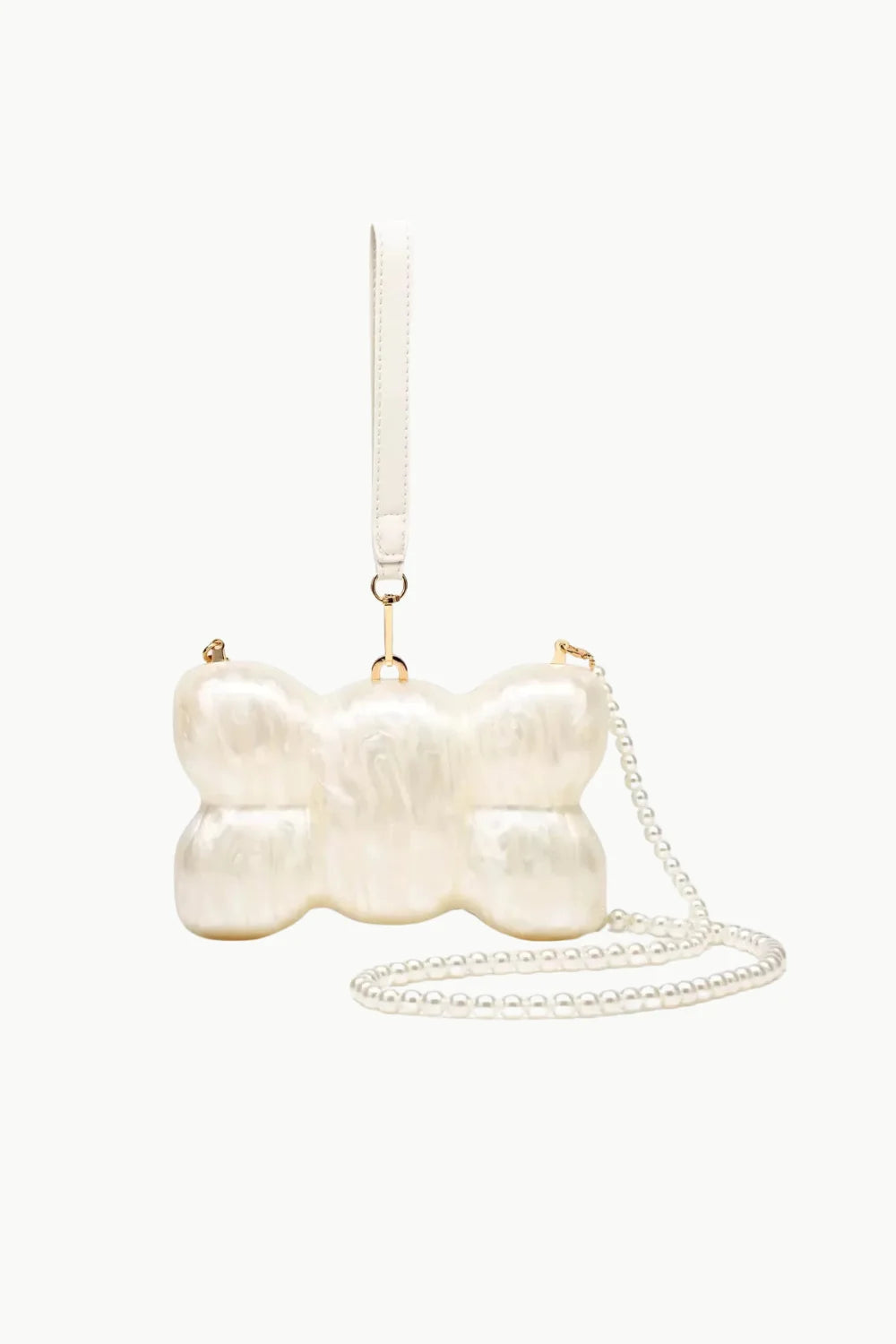 Iridescent pearl-effect bow-shaped clutch bag with wristlet and pearl chain strap, pearl mini bag