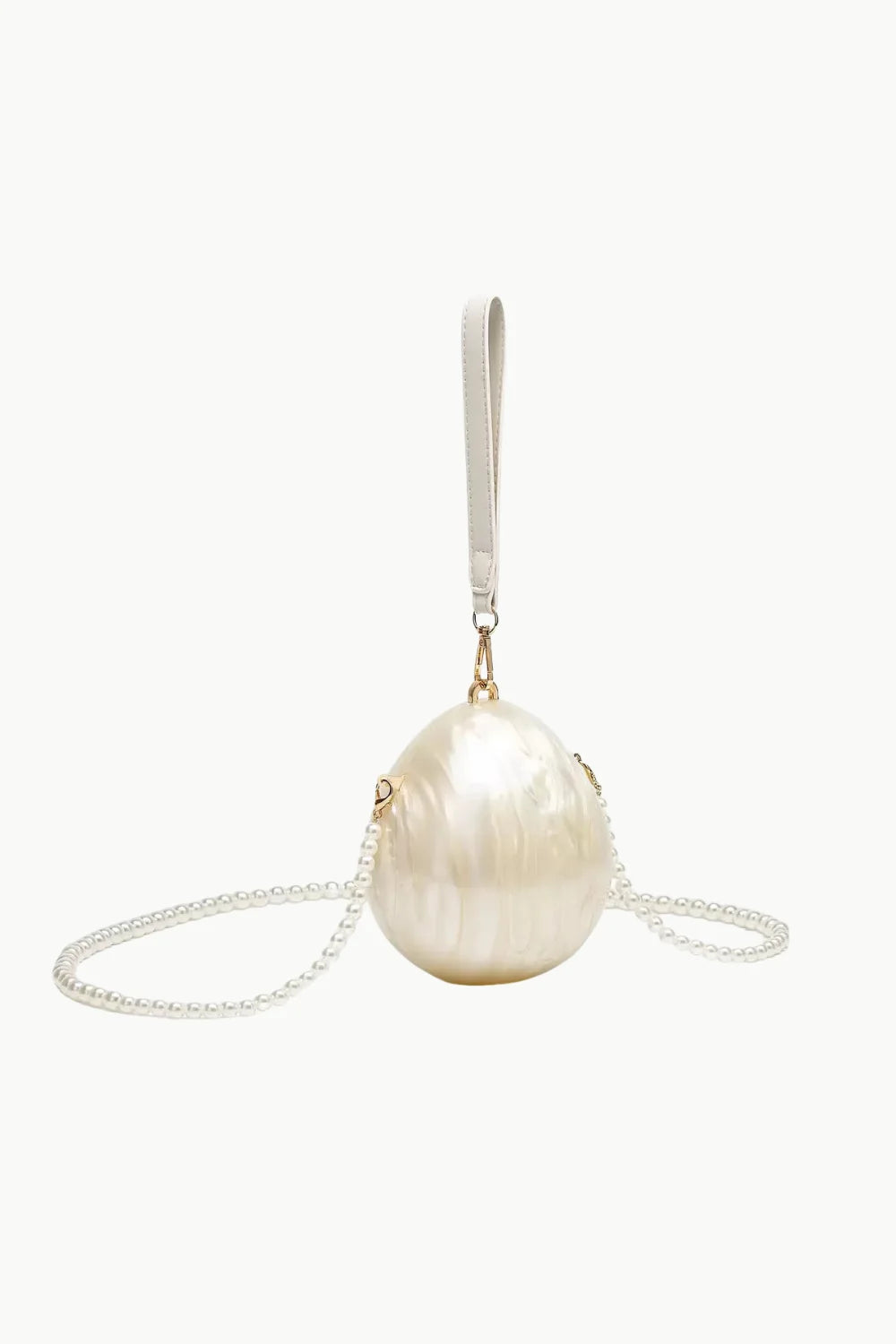 Iridescent egg-shaped pearl mini bag with wrist strap and pearl shoulder chain