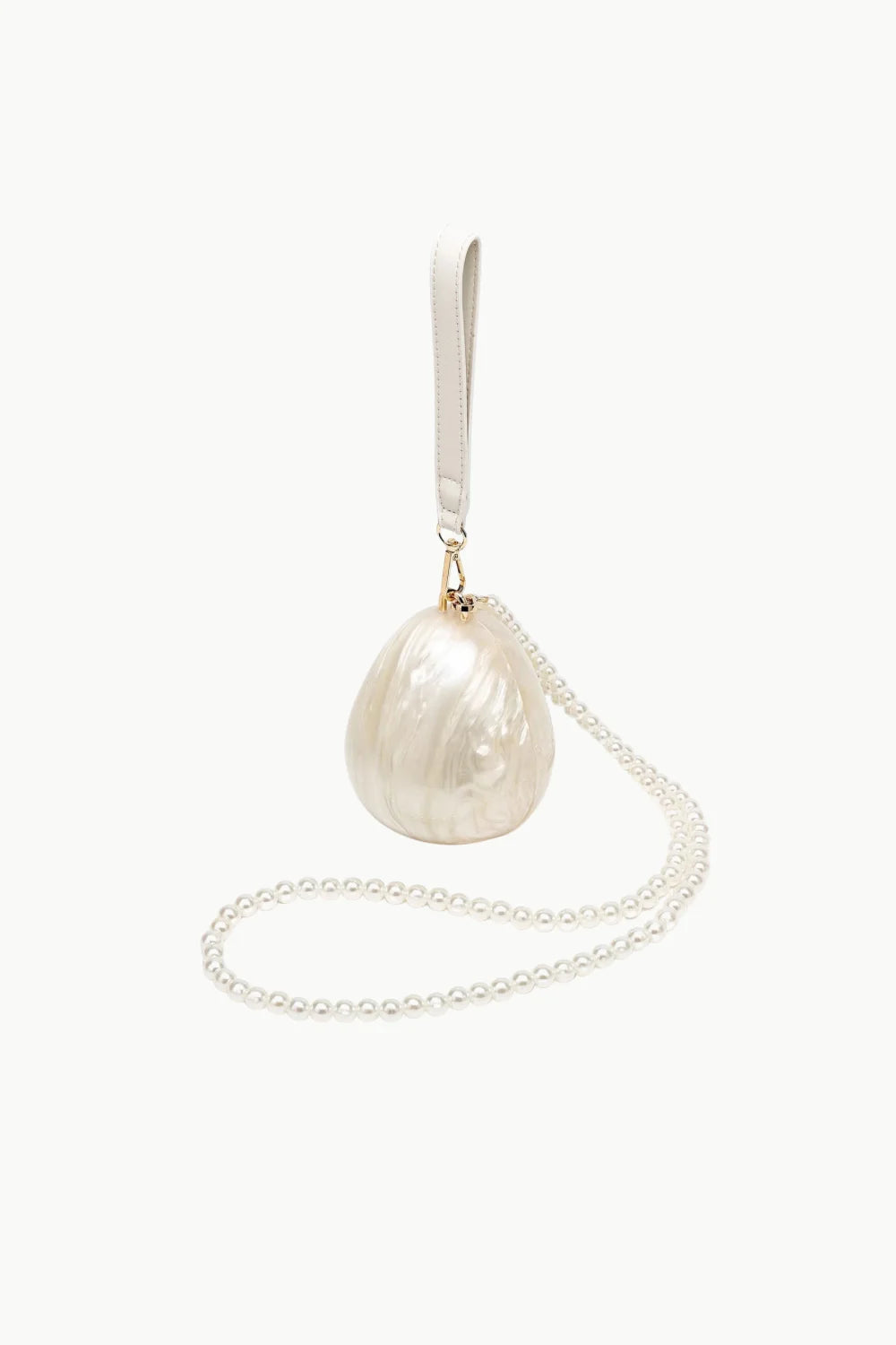 Iridescent white pearl mini bag with wrist strap and pearl shoulder strap