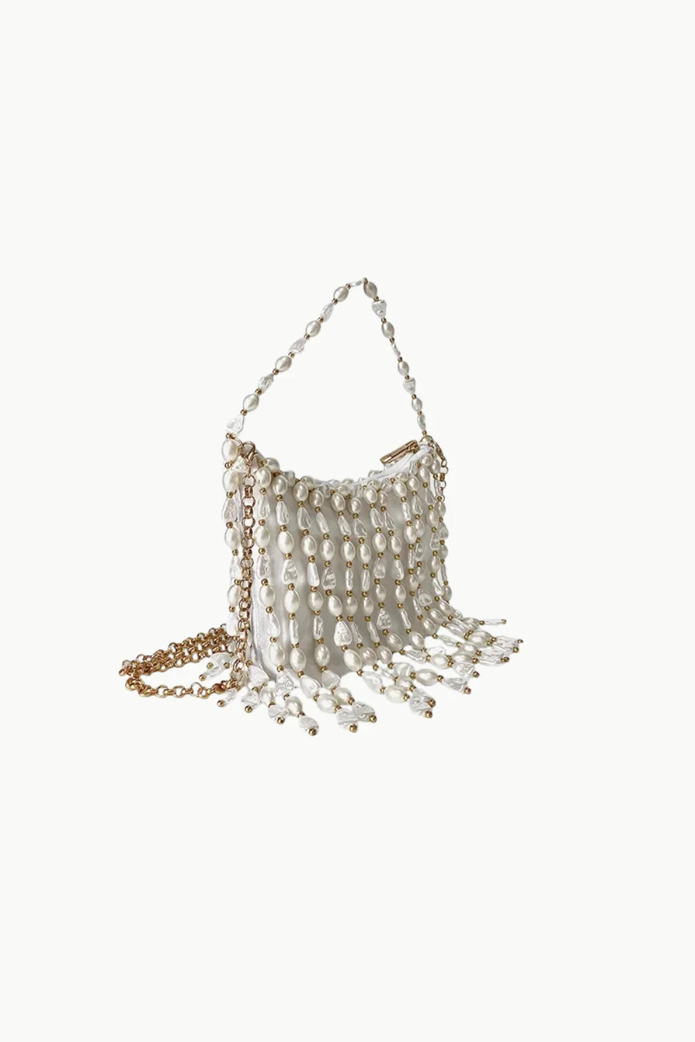 White beaded pearl sequin bag with gold chain strap for stylish evening accessories