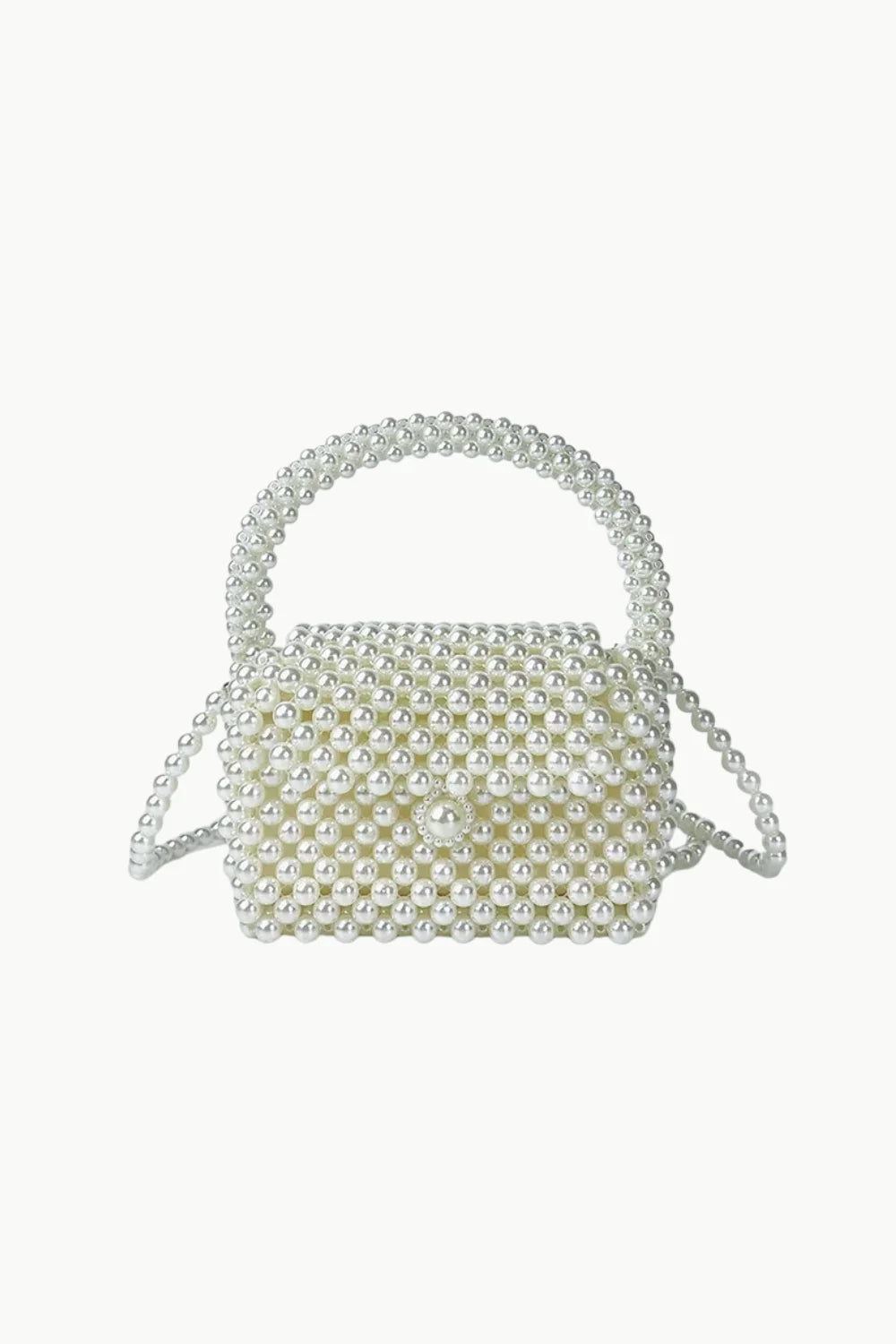 Pearl Shoulder Bag with pearl beads, top handle, and shoulder strap for elegant style