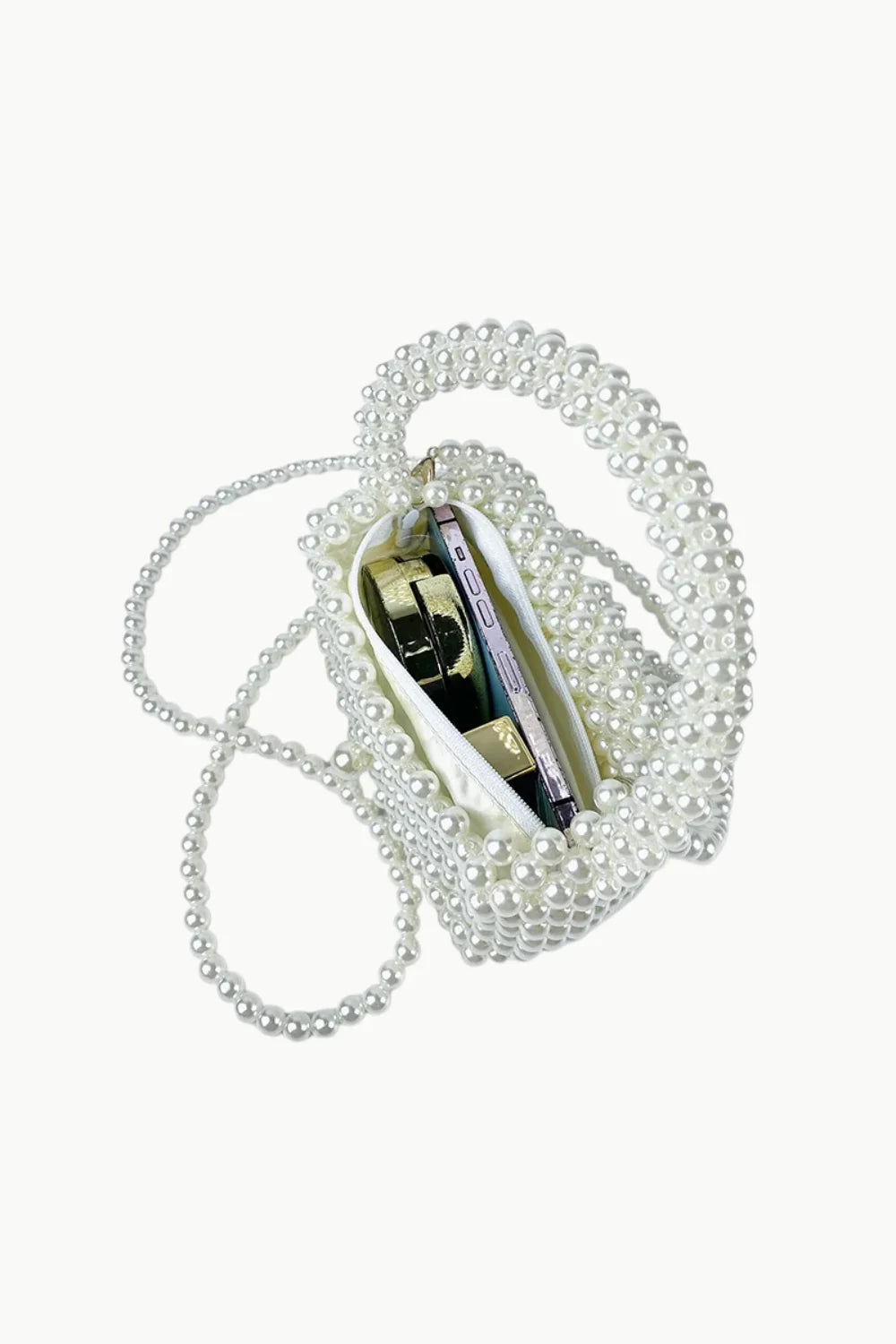 White pearl beaded shoulder bag with fabric lining, stylish pearl shoulder accessory