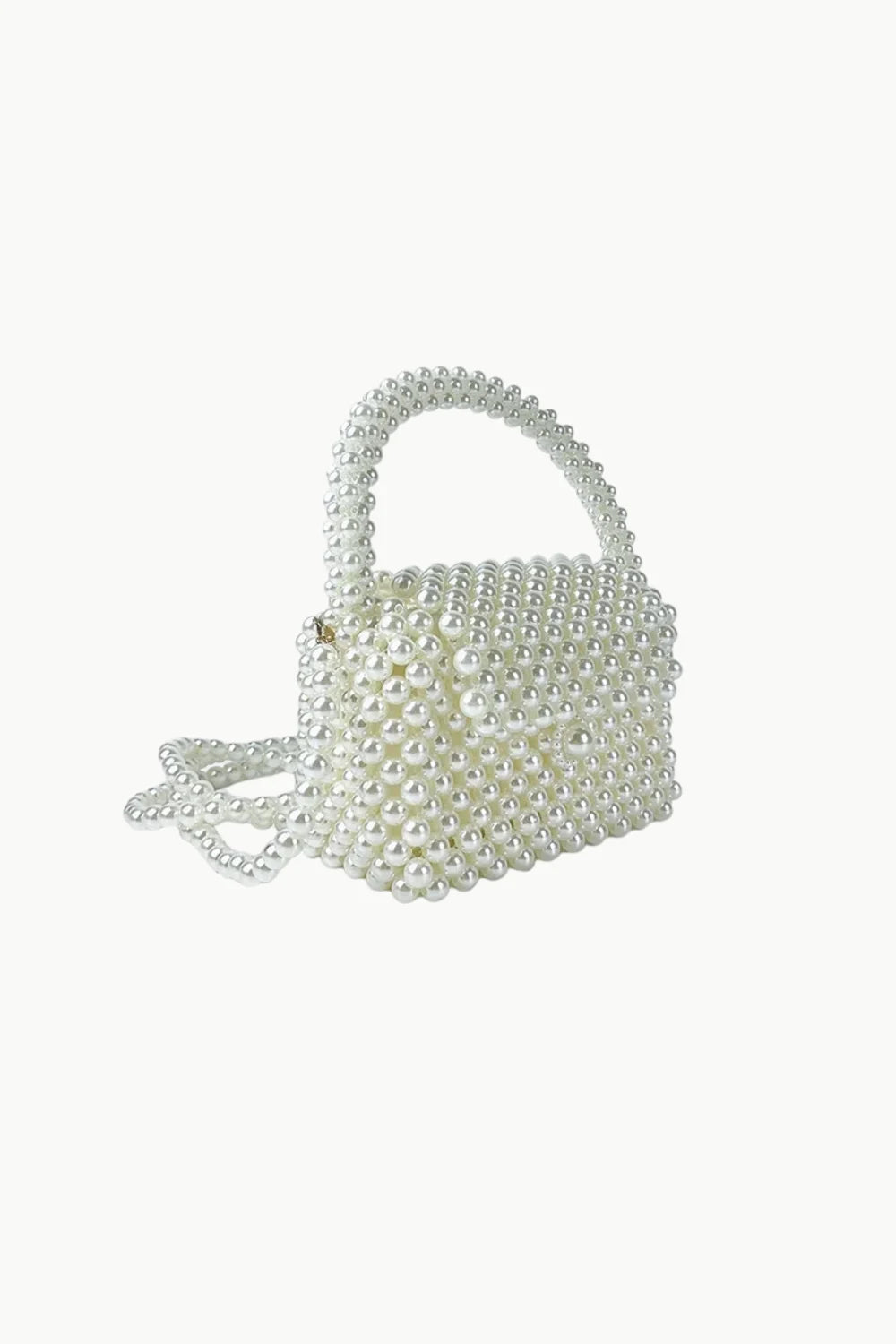 White pearl shoulder bag with top handle and shoulder strap for elegant style