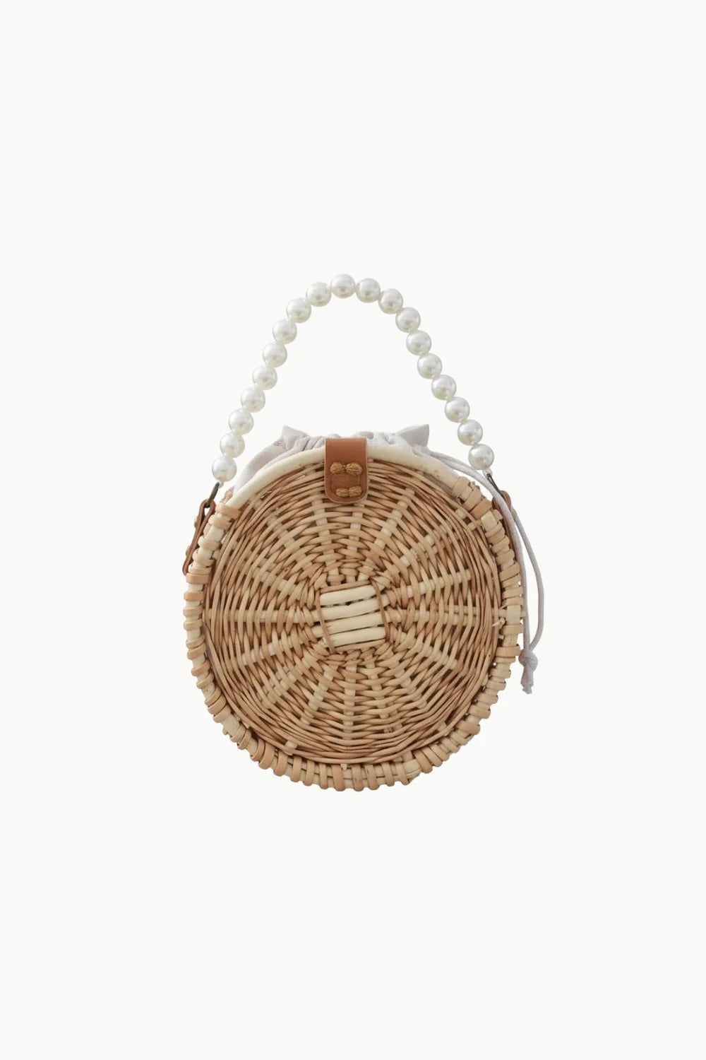 Pearl Straw Bag with woven straw design, pearl beaded handle, and leather clasp